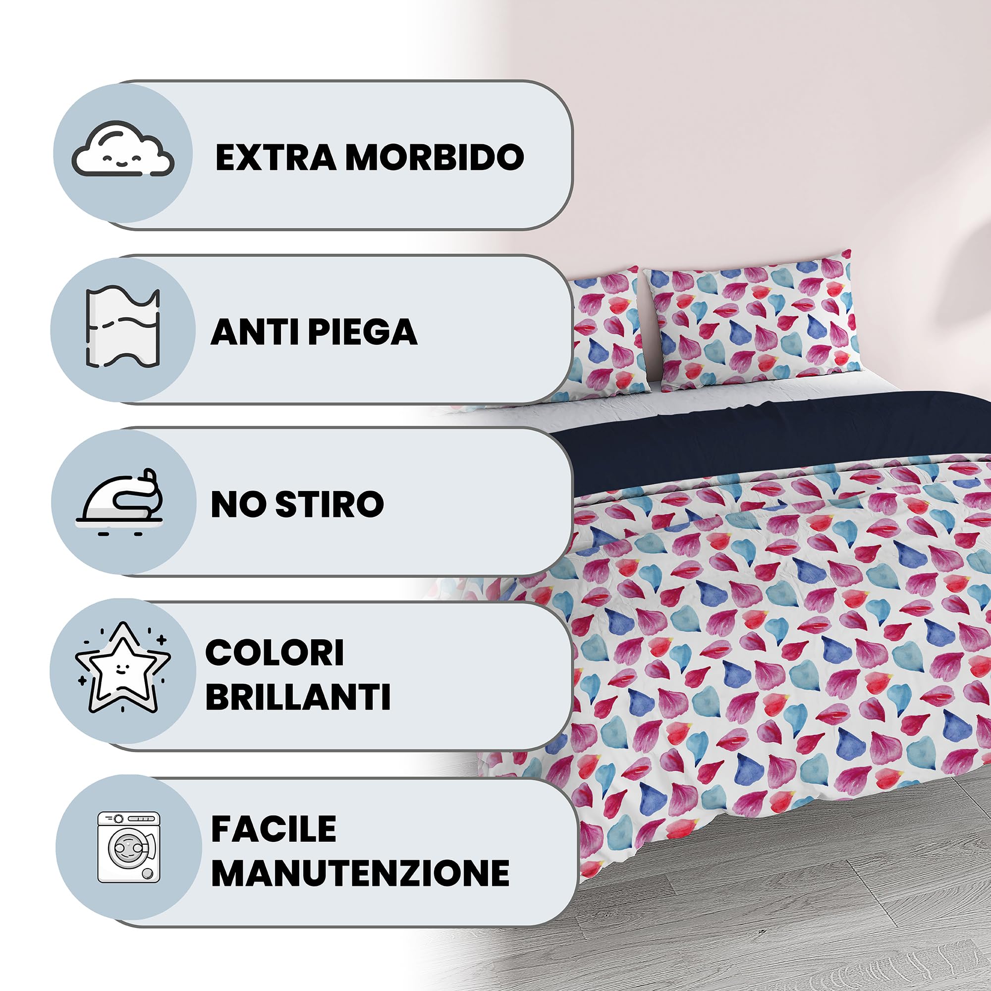 Set Copripiumino Fantasy, Lavorato in Italia - Parure Copri Piumino - Sacco Piumone 250x200 cm con Patella e Federe Cuscino, Matrimoniale, Petali