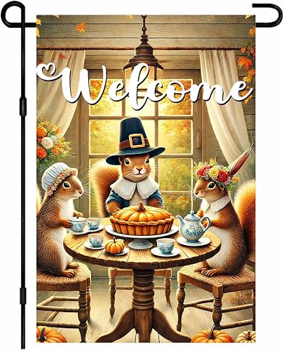 BlissYard Welcome Fall Garden Flag 12x18Inch Squirrel Tea Party Decor