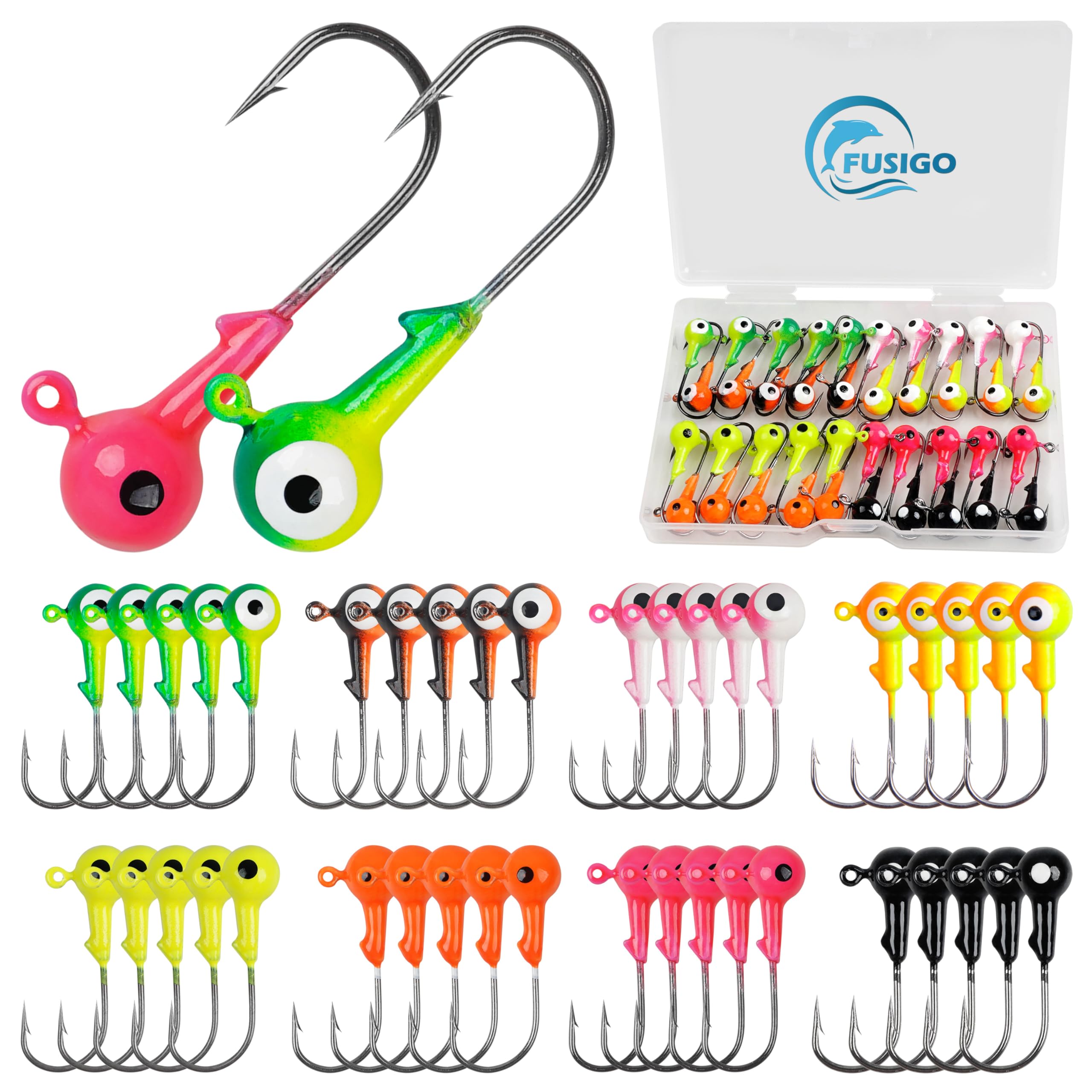 Fishing Jig Head Hooks Round Ball Head Jigs Hook Crappie Jig Lure Hook Kit Fishing Lures Jig Head Baits Assorted 1/32oz, 1/16oz, 1/8oz, 1/4oz, 3/8oz
