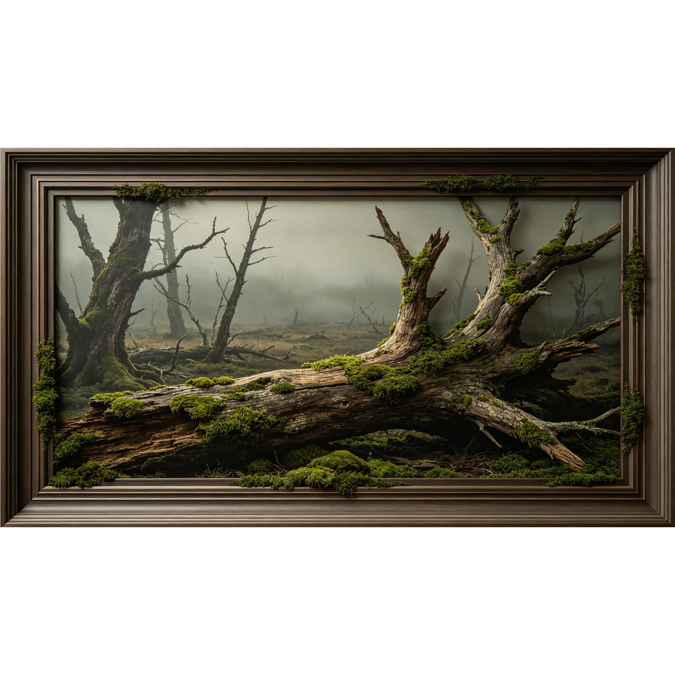 QZLITHOTIC 50×90cm3D Framed Wall Art， Misty Forest Mossy Log Landscape SelfAdhesive Mural， WaterActivated Peel & Stick Fabric Decor Wall Decal for Bedroom Living Room