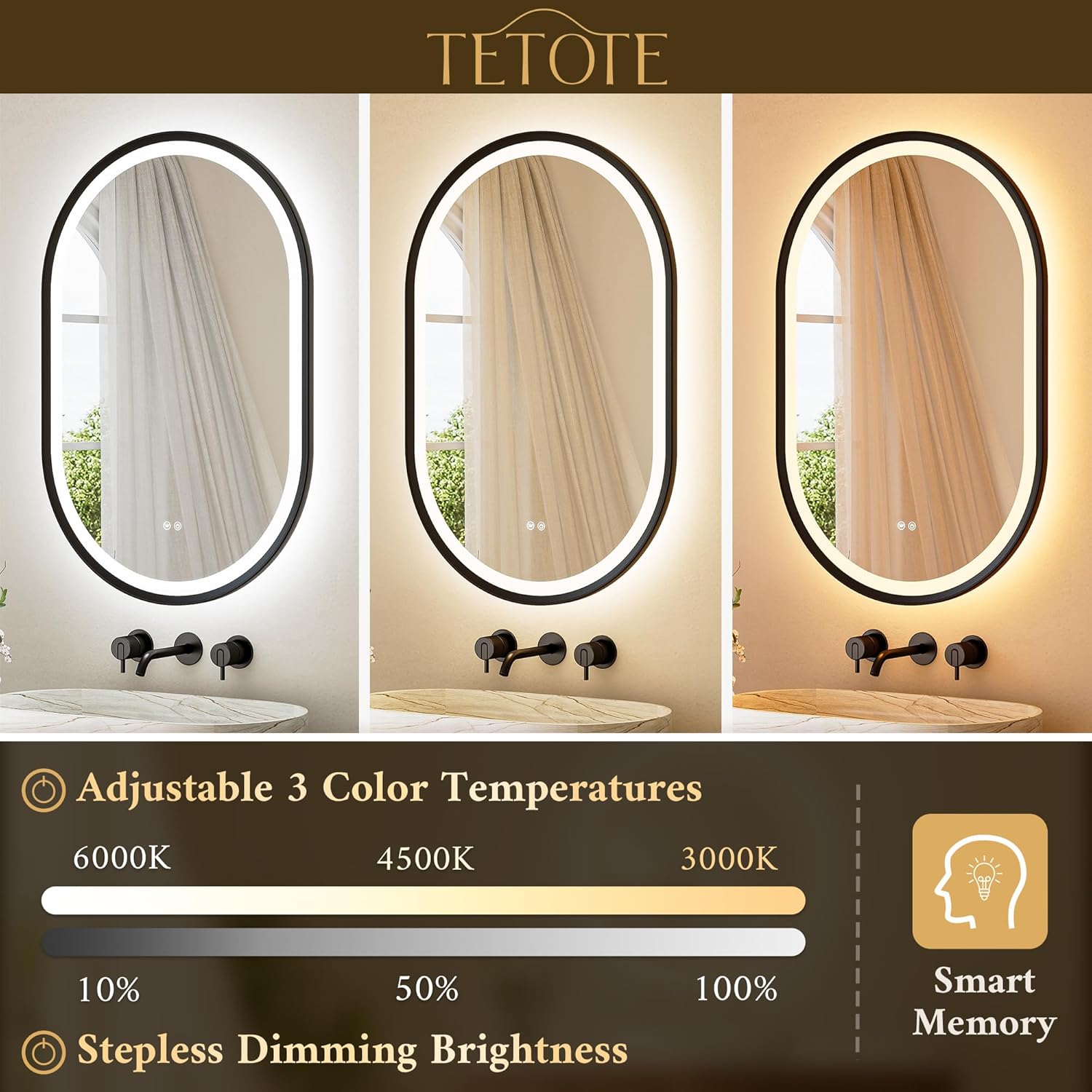 TETOTE Oval Led Lighted Bathroom Mirror Matte Black Frame 20" x 32" Front and Backlit Oval Light up Vanity Mirror with Lights, 3 Color Illuminated Dimmable Anti Fog Wall Mount, IP54 CRI 90+