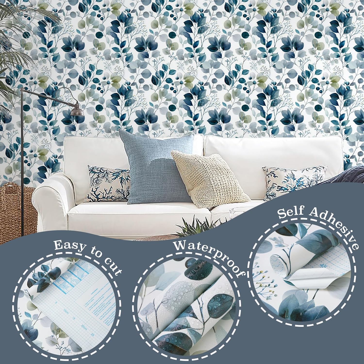 Blue and Green Leaf Wallpaper Peel and Stick Wallpaper Waterproof Leaves Contact Paper Boho Floral Removable Wall Paper for Bedroom Kitchen and Cabinets Drawer Liner Decor 17.3" x 78.7"