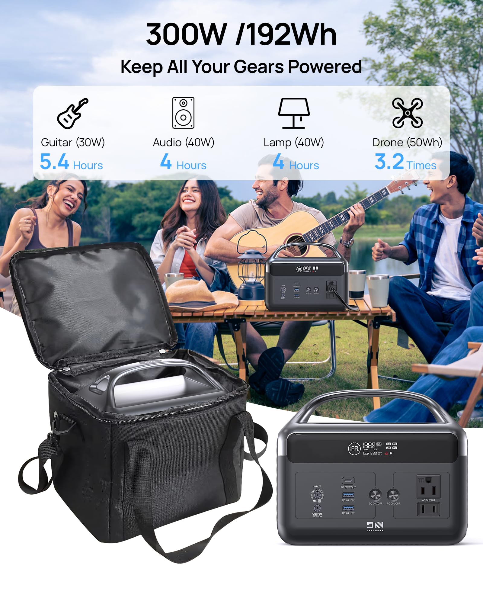 DaranEner - Estación de energía portátil de 192 Wh con batería LiFePO4, generador solar con bolsa de almacenamiento, 2 unidades de CA 300 W (600 W de pico), USB-C 60 W PD, recarga rápida para camping