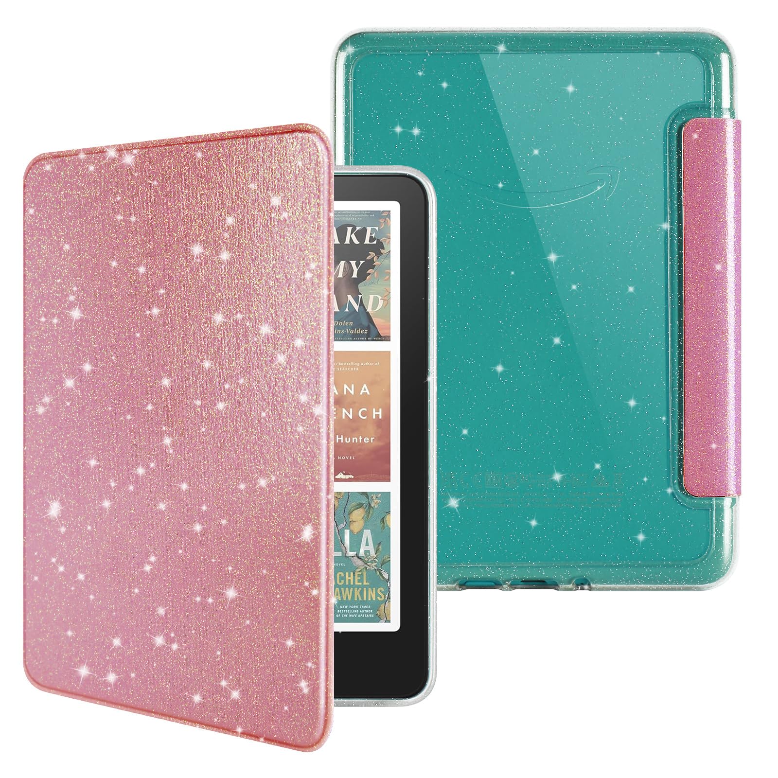 Étui à paillettes pour Kindle Paperwhite 12{^>e<^} génération 2024 et Kindle Colorsoft Signature Edition 7", coque arrière transparente avec housse en cuir PU, mise en veille/réveil