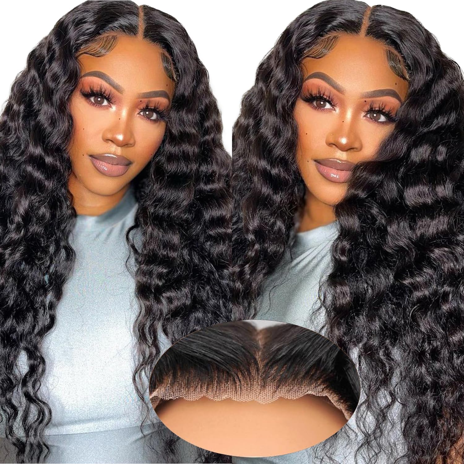 View 1 of **tangled*** Glueless Curly Wigs Human Hair 9x6 Wear and Go Wigs Human Hair Pre Plucked Pre Cut Black Deep Wave Closure Lace Front Wig Human Hair 12a 220% Density Loose Curly Wig Bleached Knots for Women 10 Inch