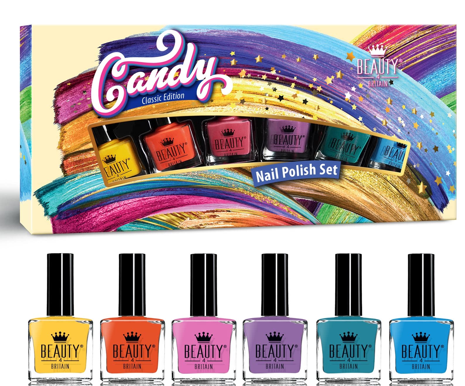 Beauty4Britain 6 x Luxury Nail Polish 6 Different Bright Rainbow Colours Candy Gift Box