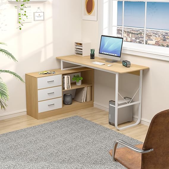 Computer Desk, L Shaped Desk, 140x100 cm Office Desk, Desks & Workstations with 3 Drawers and 2 Shelves, Reversible Large Storage Shelves, Bookshelf Workstation for Work Office 140cm