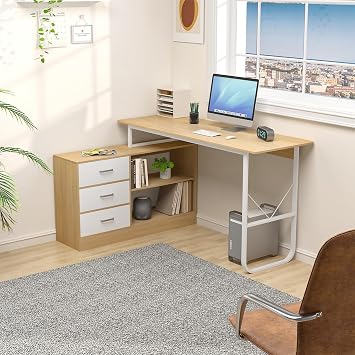 Computer Desk, L Shaped Desk, 140x100 cm Office Desk, Desks & Workstations with 3 Drawers and 2 Shelves, Reversible Large Storage Shelves, Bookshelf Workstation for Work Office 140cm