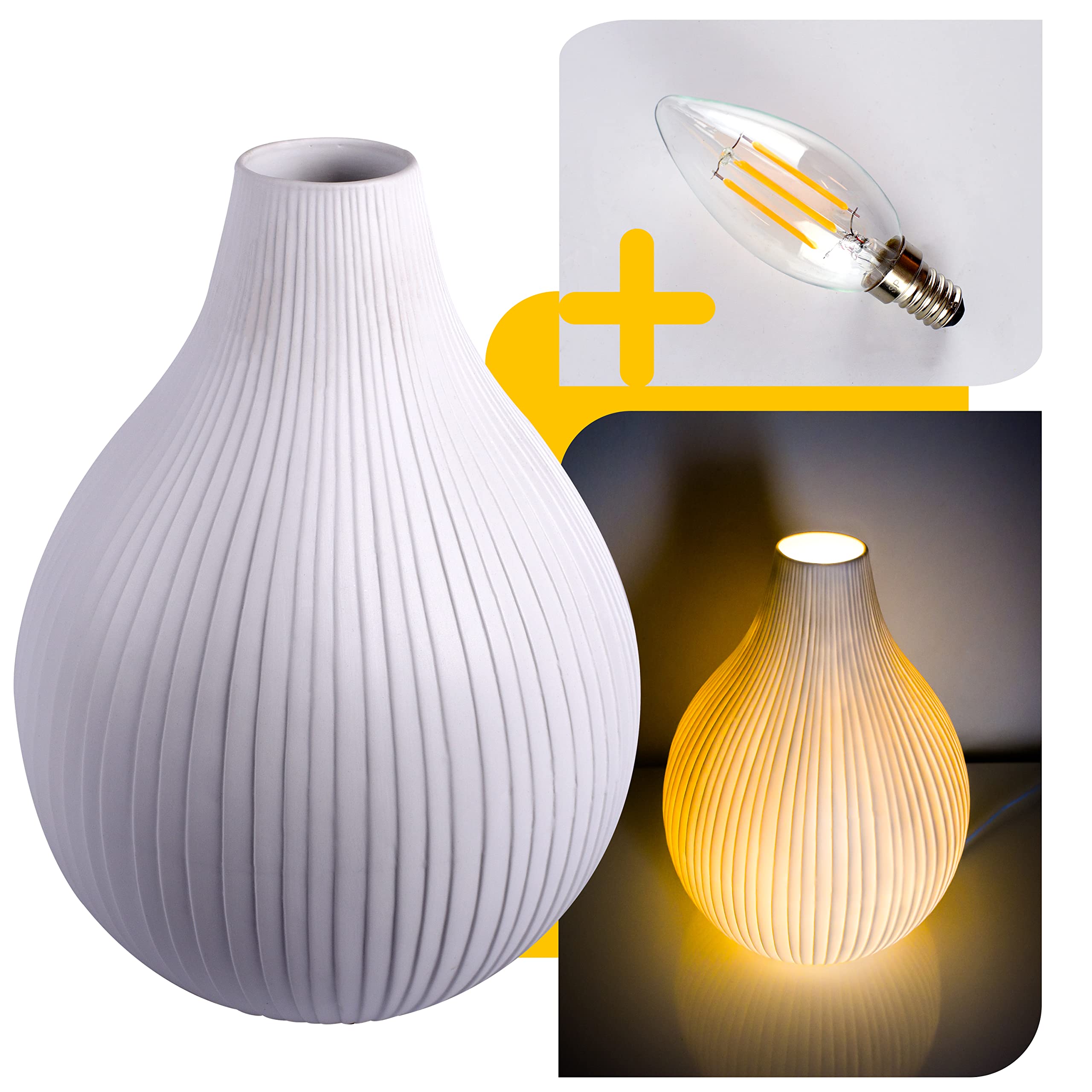 VOLIOS® Keramische tafellamp incl. 6 Watt LED-lamp I Decoratieve lamp I Nachtkastlamp I Tafellamp wit I verlichte decoratie (cilinder met gaatjespatroon