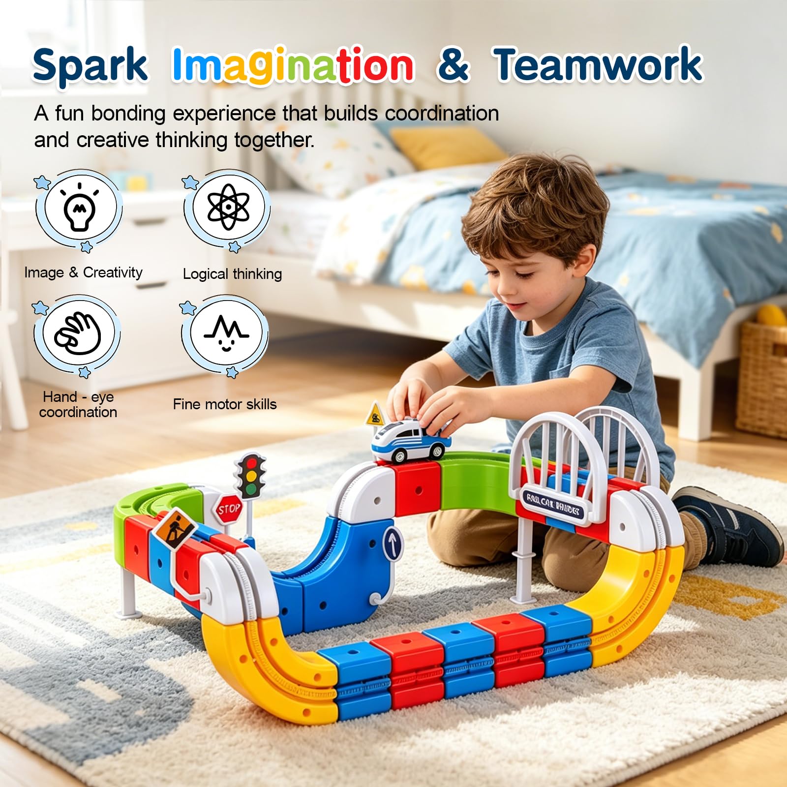 Tren Eléctrico Niños 82 Piezas con 1 Tren – Pista 3D Antigravedad klick-Rail, Bloques de Construcción DIY Cube Track, Juguete Educativo Stem para Niños de 4 a 8 Años
