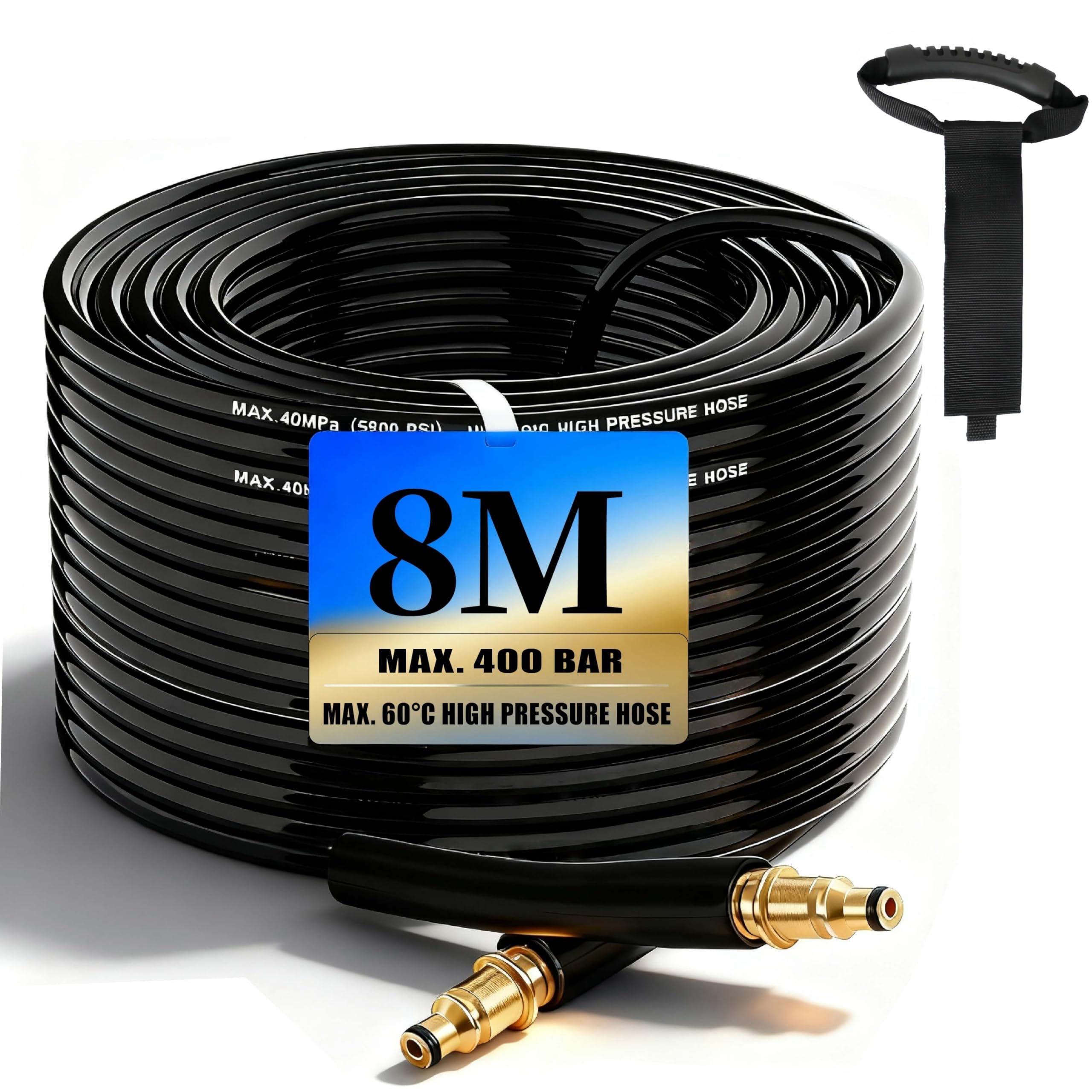 Tubo ad alta pressione da 8 m per Kärcher K2 K3 K4 K5 K7, 400 Bar (5800 PSI) con sistema Quick-Connect-Click, pratico tubo di prolunga e di ricambio con cinghia di immagazzinaggio