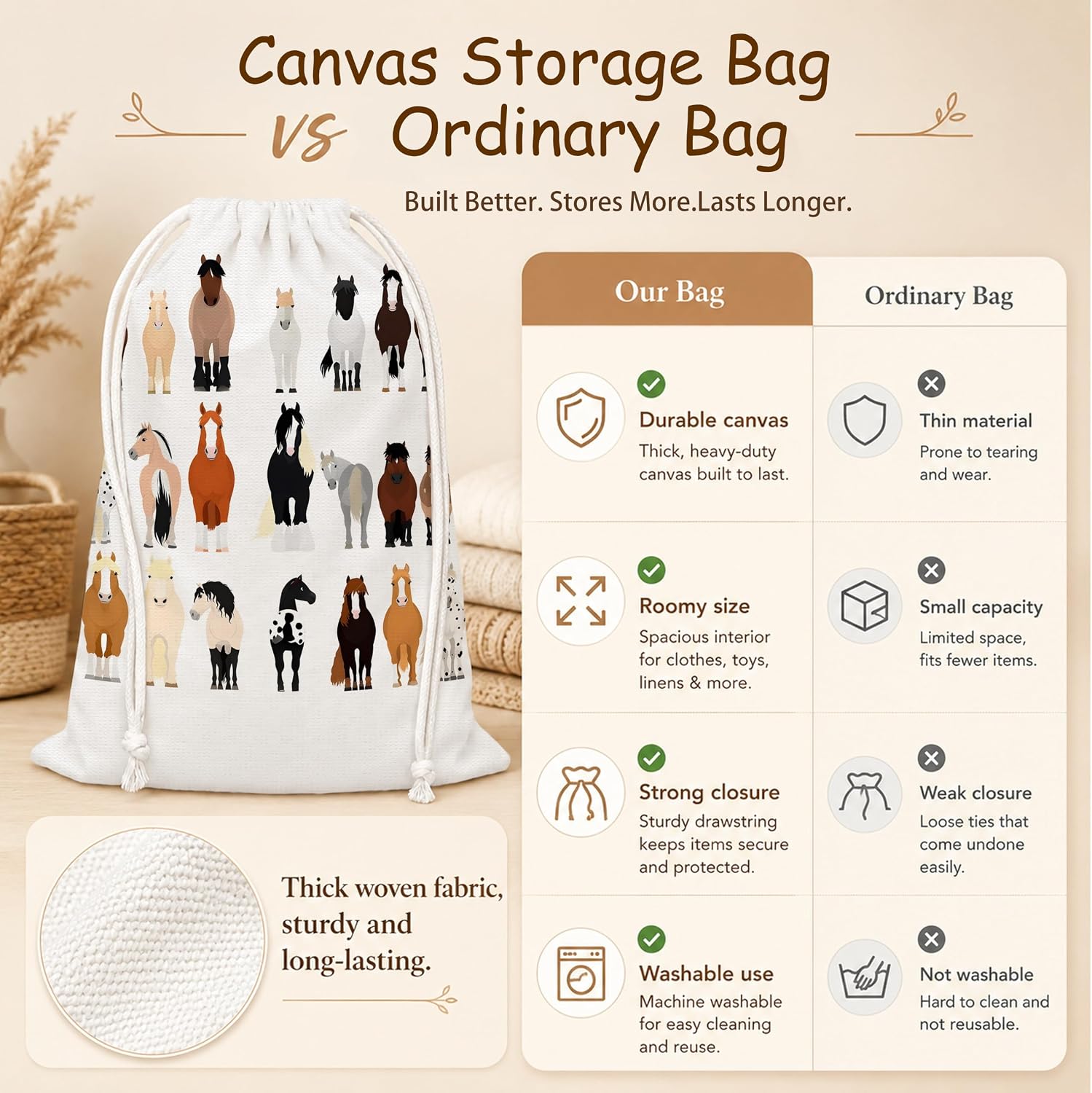 Funny Horse Canvas Drawstring Gift Bag 15.7x19.7 Inch image 3