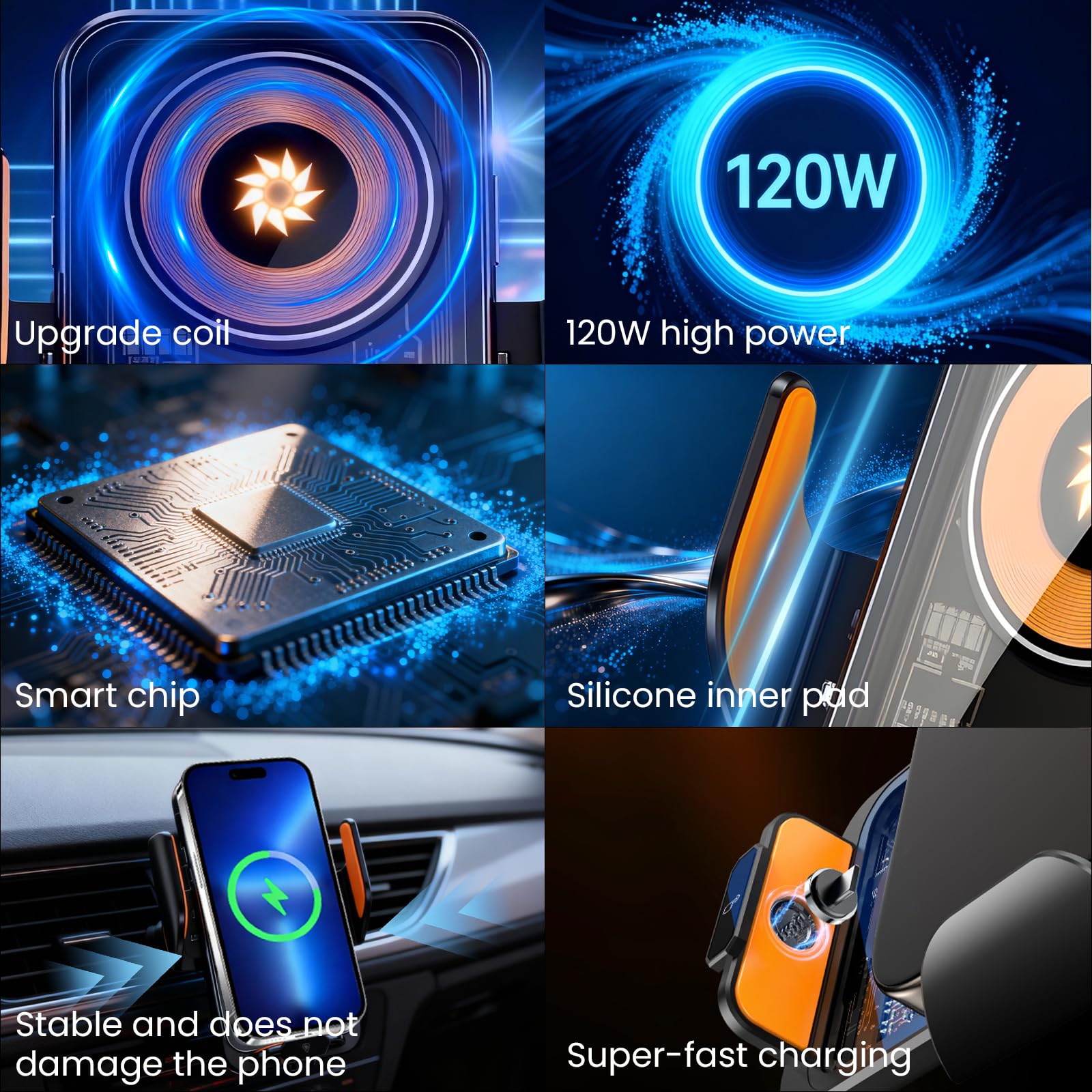 Caricabatterie da auto wireless veloce Supporto per telefono di ricarica wireless per navigazione magnetica per auto Supporto per telefono automatico Smart Sensor Bloccaggio rotante con stazione di
