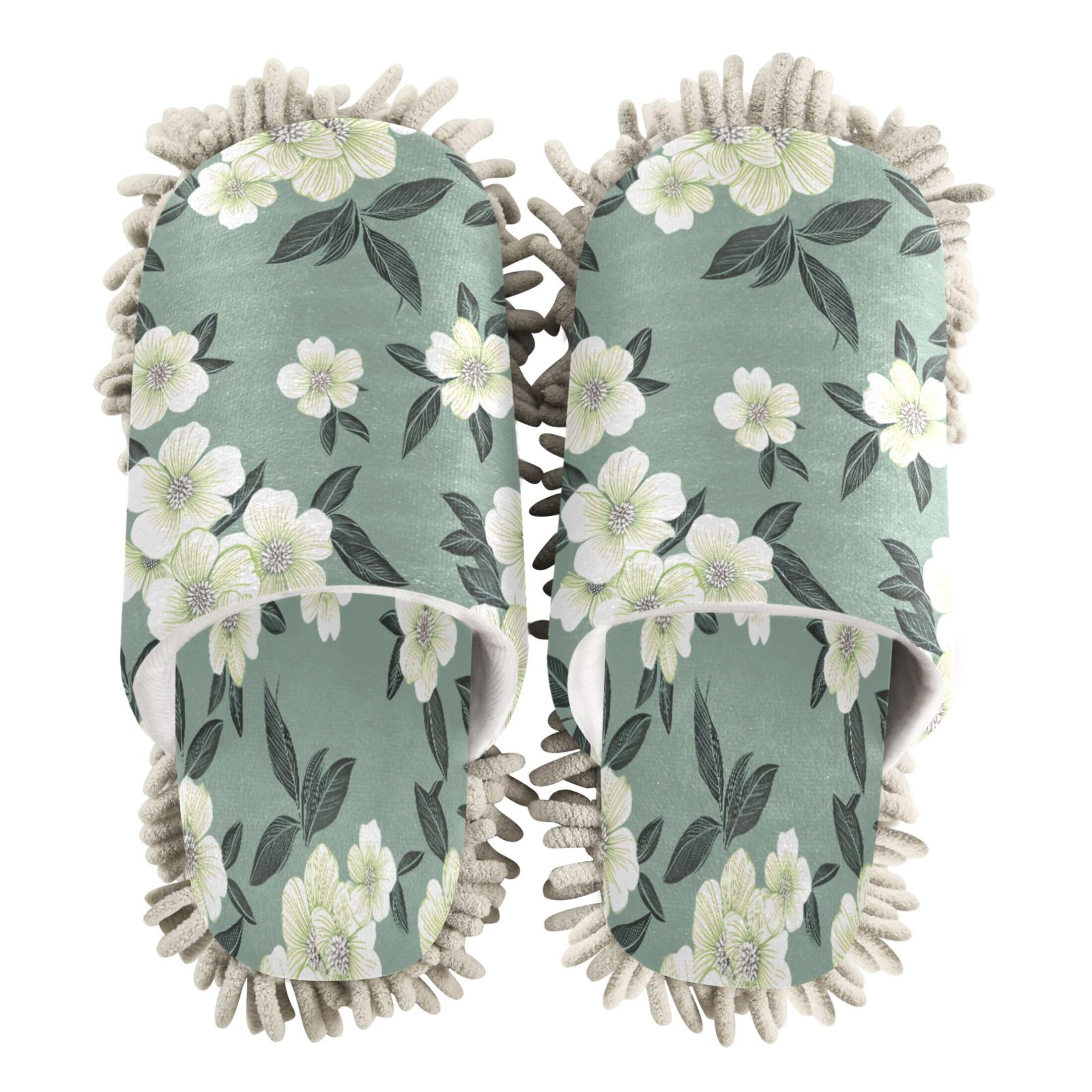 Kigai White Flowers Mop Slippers for Floor Cleaning, Slippers for Women Men, Microfiber Floor Cleaning, M