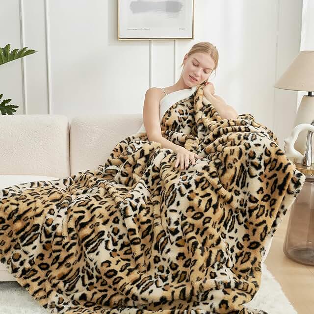 Cozy Bliss Luxury Faux Fur Throw Blanket Leopard Print, Non Shedding Dou...