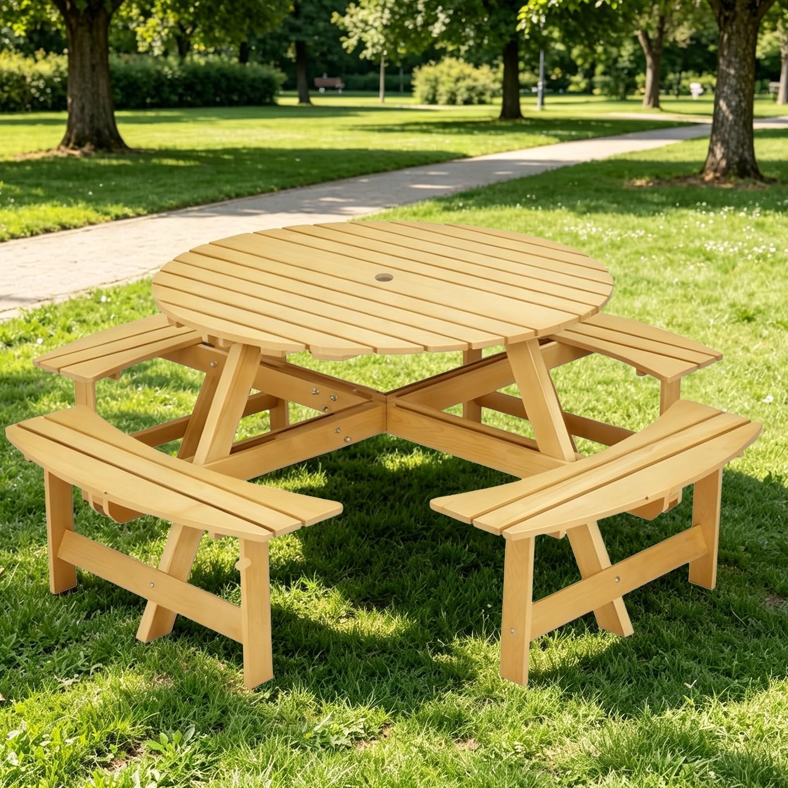 Tavolo da Picnic Rotondo In Legno Massivo for 8 Persone con 4 Panche Curve, Resistente Set da Pranzo Esterno con Foro for Ombrello, Tavolo da Giardino Impermeabile for Cortile(Natural)