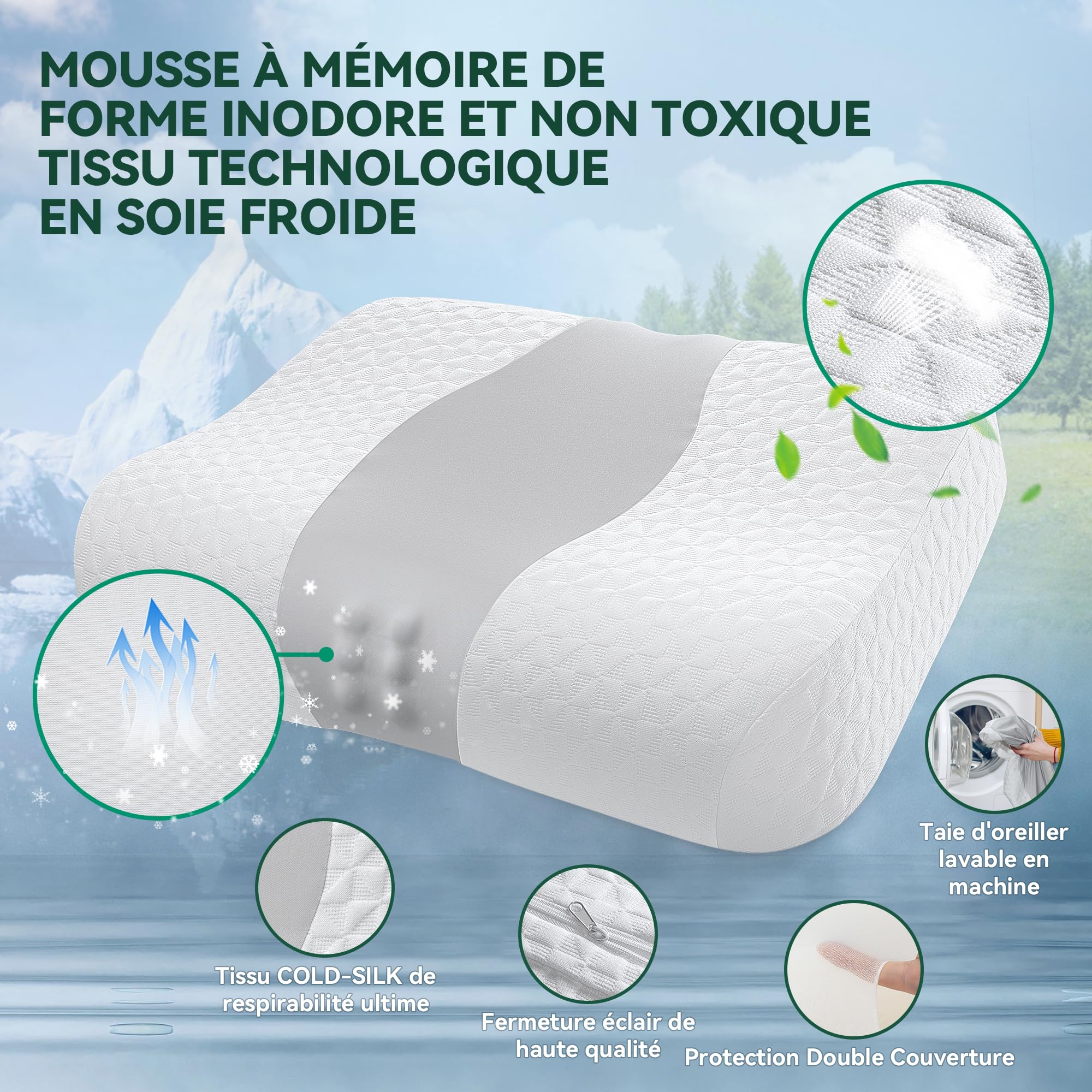 TESQ Cuscino Memory Foam Cuscini Letto Regolabile in Altezza – Ideale per Chi Dorme di Fianco, sulla Schiena o sulla Pancia, Federa Lavabile 40 x 60 cm