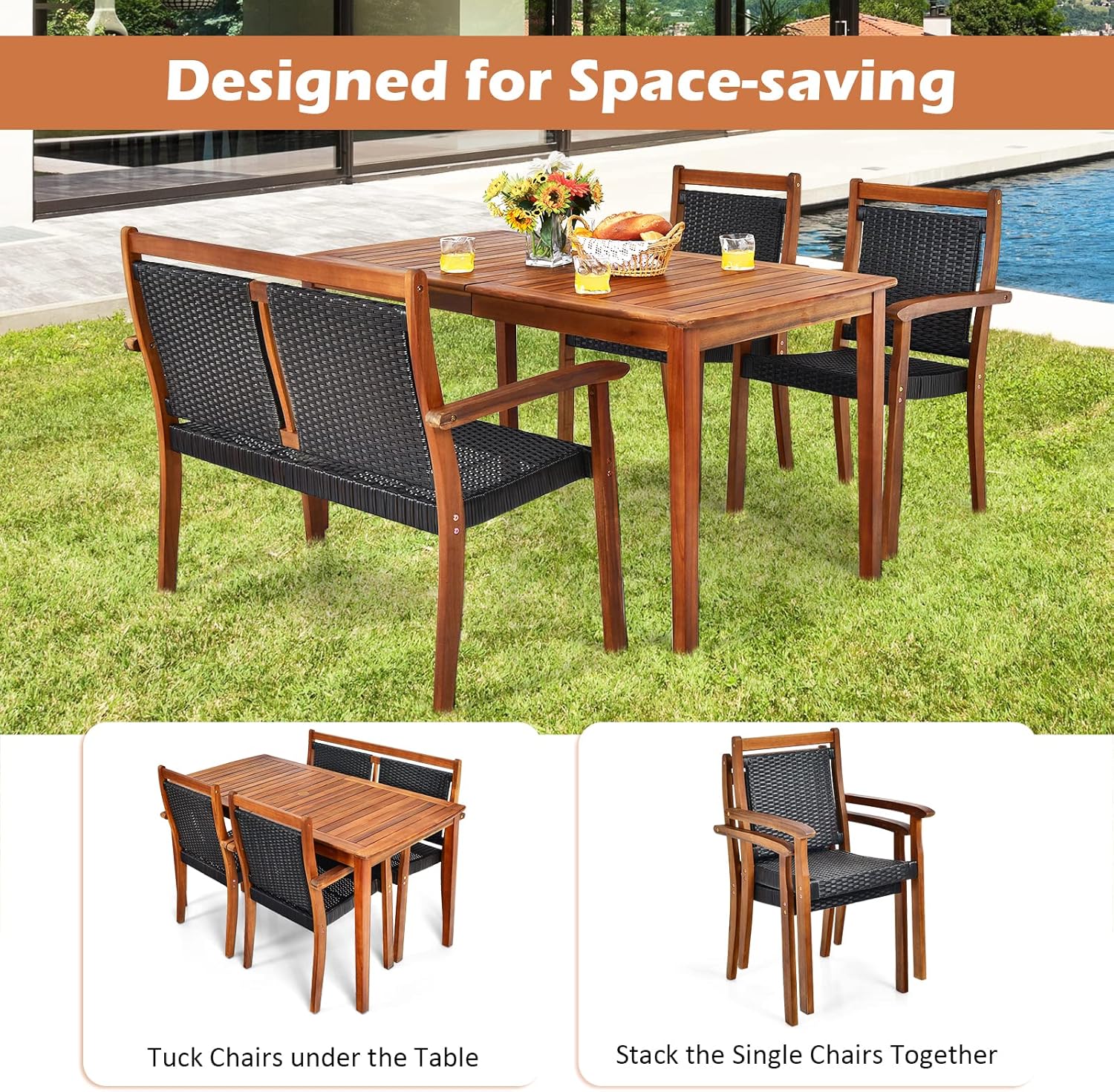 Tangkula 4 Pieces Patio Dining Set for 4, Patiojoy Space-Saving Outdoor Acacia Wood Dining Table and PE Rattan Chairs Set with 1.9” Umbrella Hole, for Garden, Backyard, Deck, Poolside, Balcony