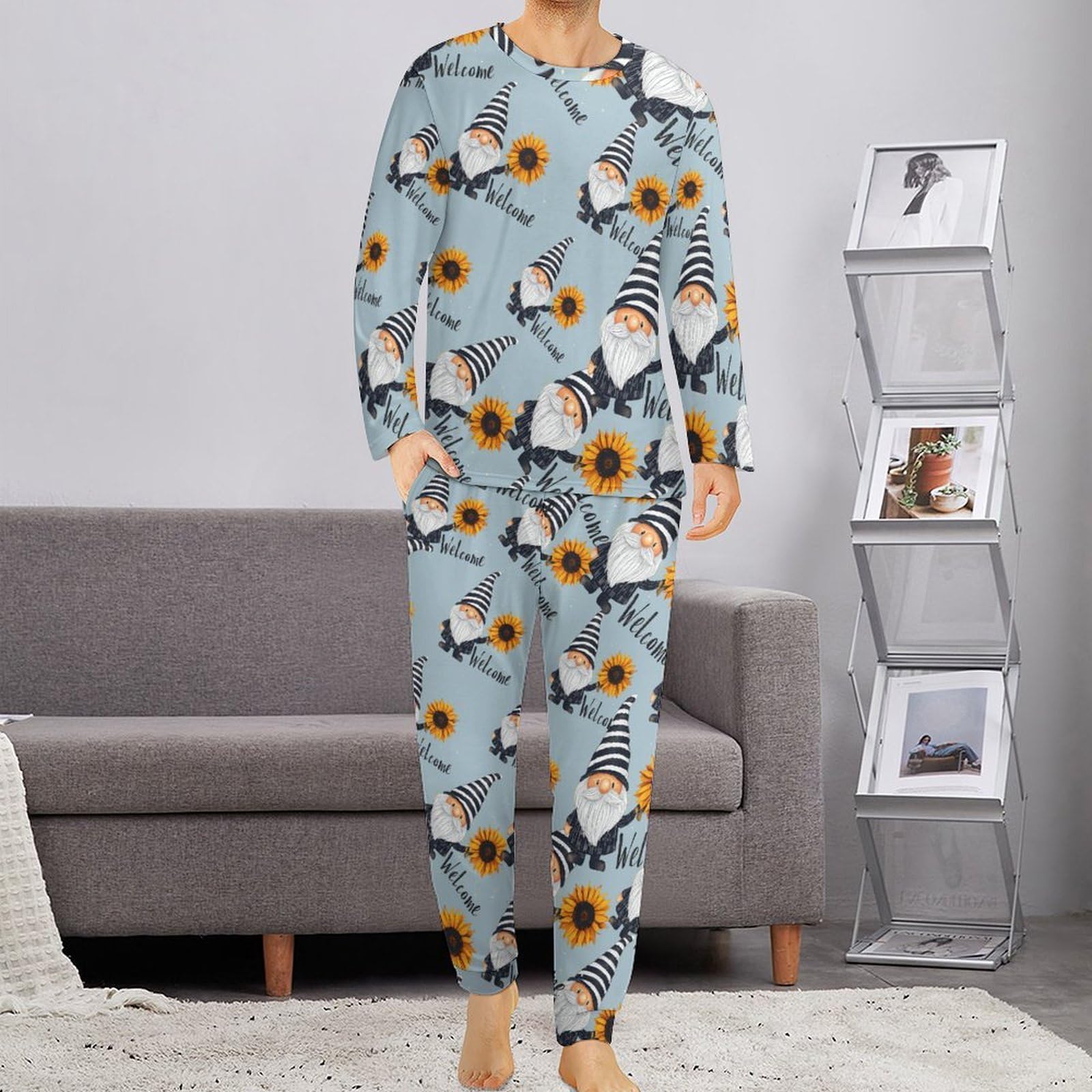 Welcome Gnome - Conjunto de pijama para hombre, cuello redondo, 2 piezas, manga larga, suave, transpirable para todas las estaciones