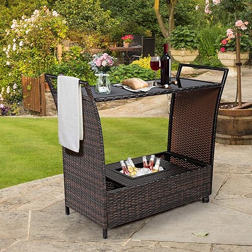 Miniatura 3 de Tangkula Carrito de bar de mimbre para exteriores, carrito de servir vino para patio con ruedas y cubo de hielo extraíble, mesa de barra de bebidas