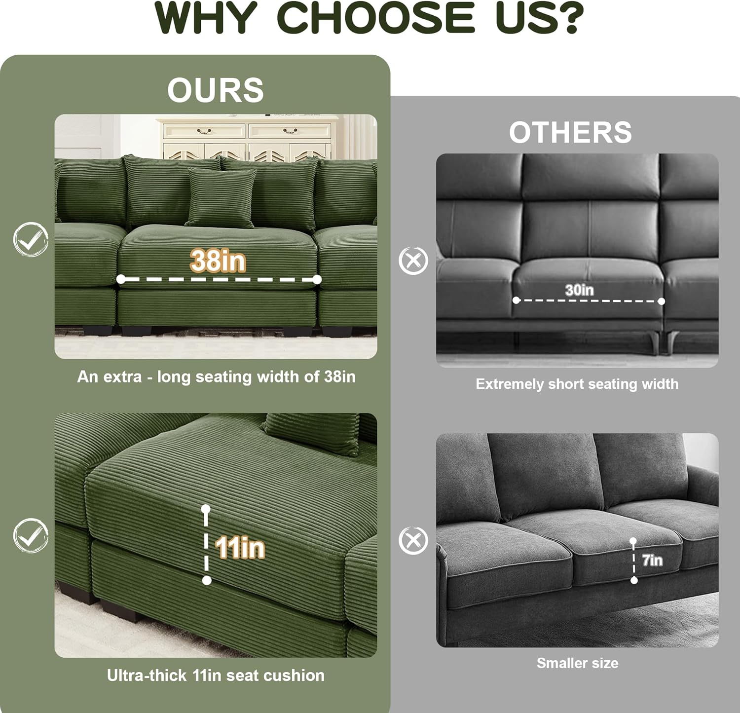 KEIKI 54" Oversized Corduroy Modular Sectional Single Sofa with High-Density Foam Cushions, Extra-Thick Armrests, Upholstered Modern 1-Seater Lounge Accent Chair with 3 Pillow, for Living Room, Green