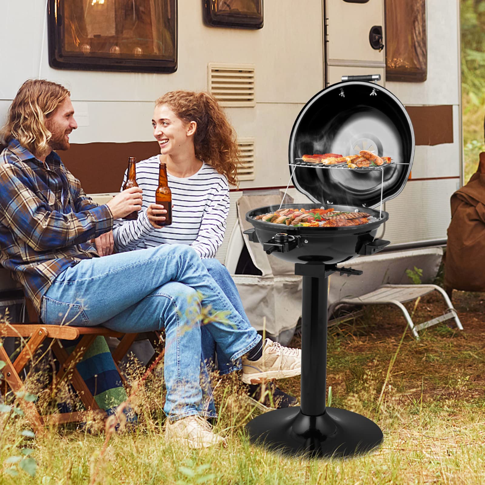 GOPLUS Barbecue Electrique sur Pied φ44CM, 1600W, Température Réglable de 93-218℃, Chauffage Rapide, Grille de Cuisson Métallique, Bac à Graisse et Thermomètre Amovible, pour Intérieur & Extérieur