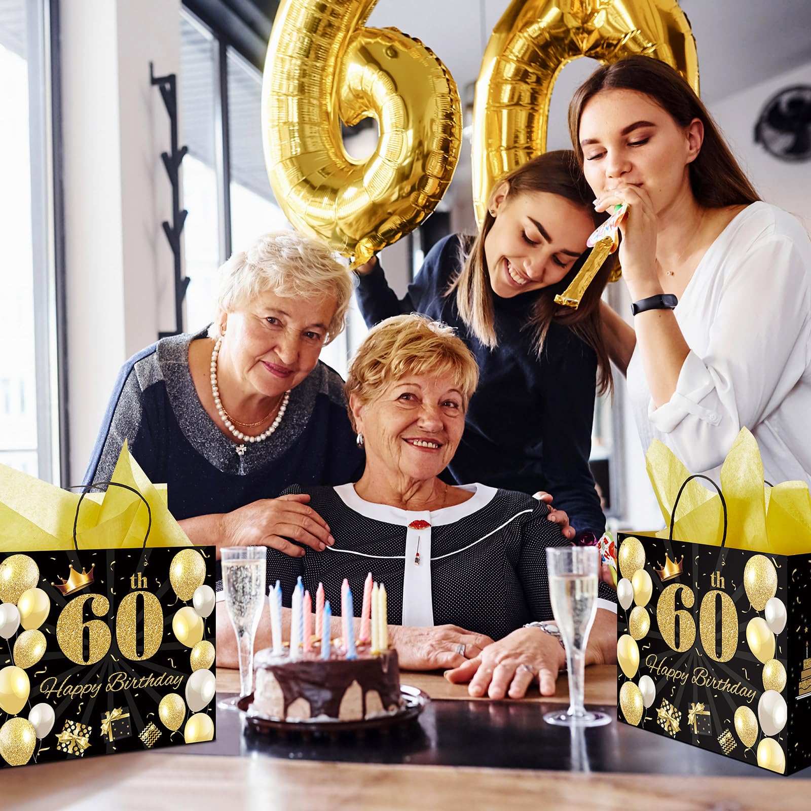 Geschenktüte Zum 60. Geburtstag – Gold-schwarz, 33 Cm Groß, Mit Karte & Seidenpapier