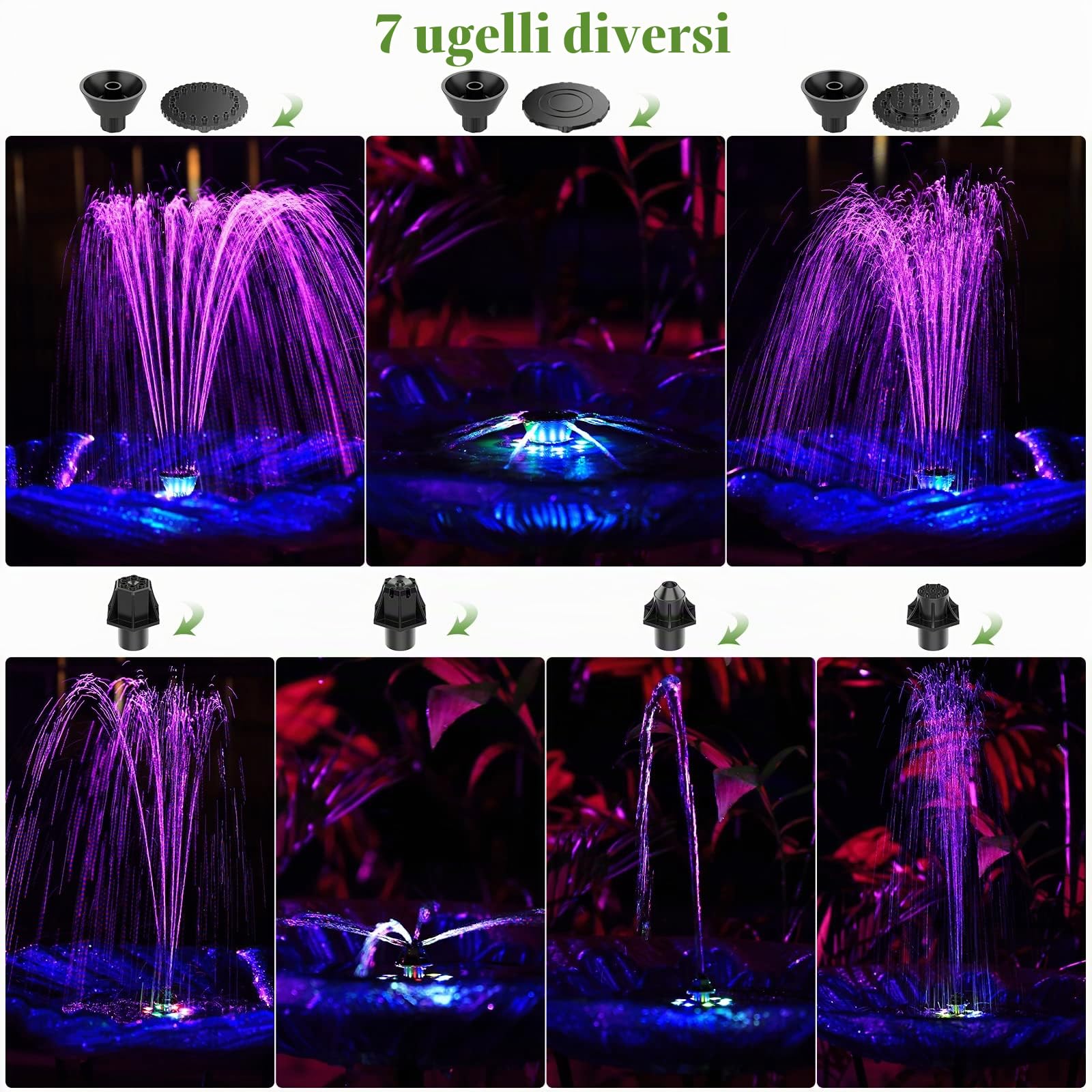 AISITIN Fontana Solare da Giardino Esterno 5,5W con Luci LED - Pompa ad Energia Solare con 7 Effetti Ugelli e 4 Fissatori - Galleggiante Fontana Solare per Laghetto/Stagni/Vasca Uccelli/Giardino