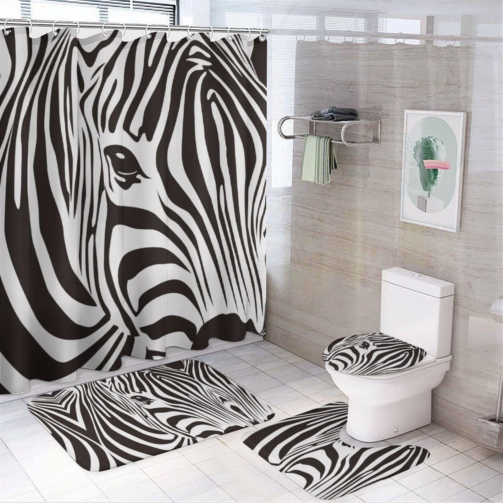 JiuPopular Bathroom Mat Set 4 Piece, Zebra Stripes Shower Curtain with Non-Slip Bath Mats for Bathroom