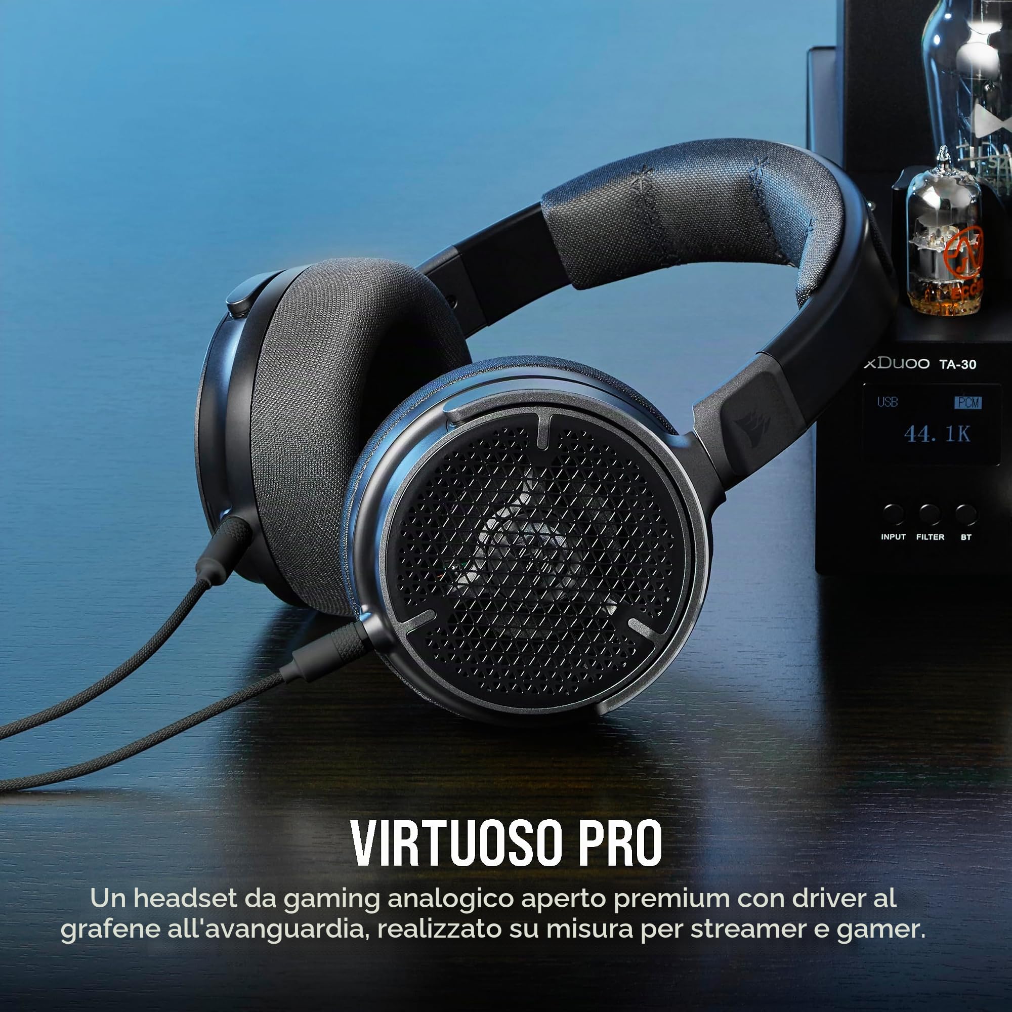 Corsair Virtuoso PRO - Cuffie da gioco con retro aperto, microfono unidirezionale staccabile, driver in grafene da 50 mm, risposta in frequenza 20Hz-40 kHz, carbonio