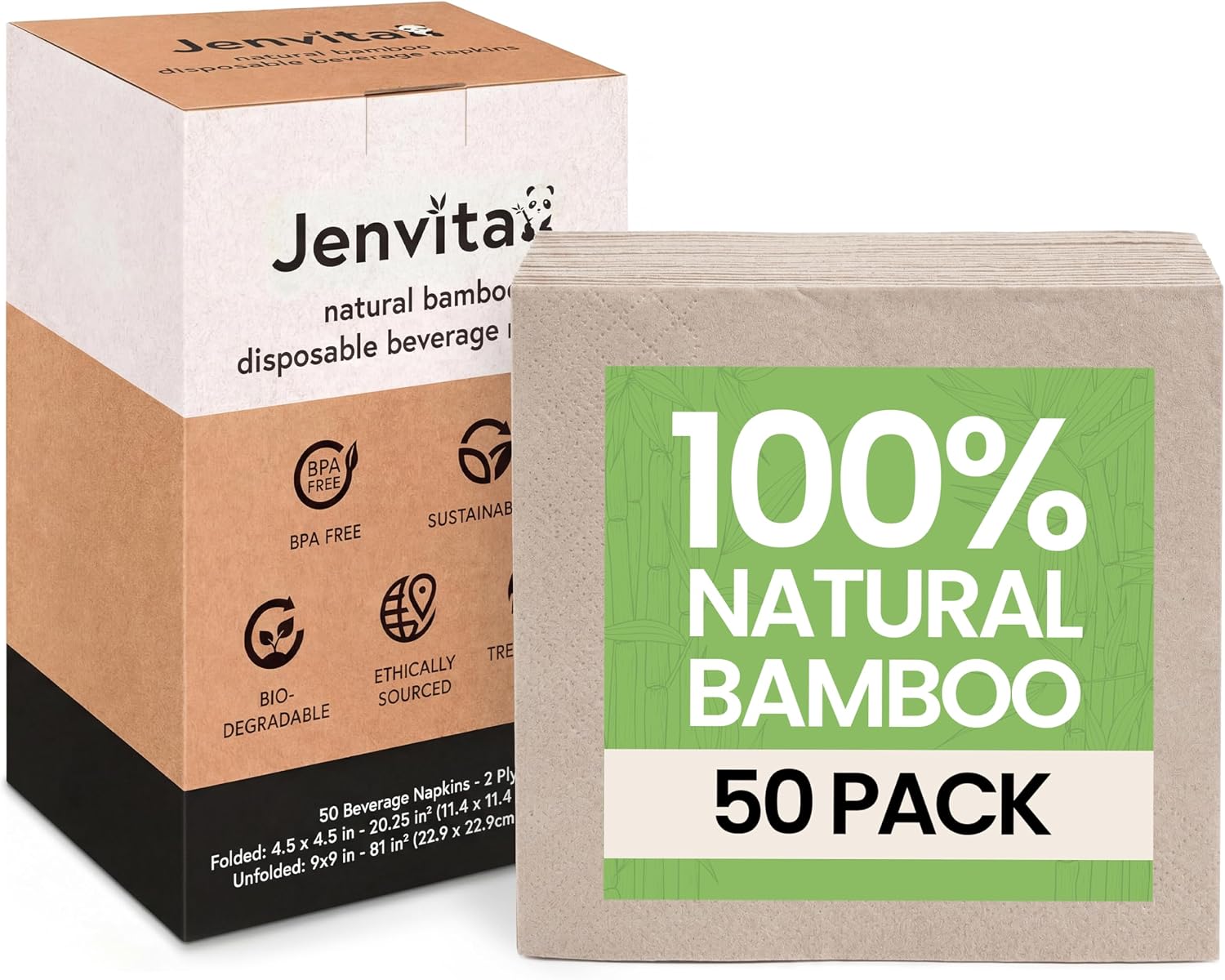 Jenvita 100% Bamboo Cocktail Napkins, 2 Ply, 50 Pack, 4.5 x 4.5 Inch