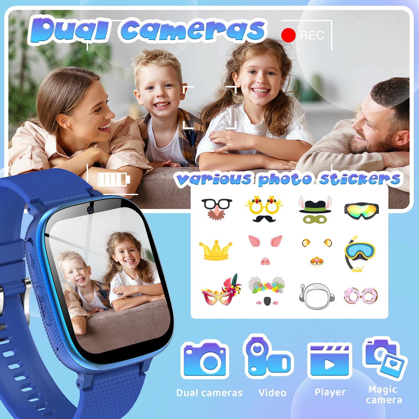 Smartwatch Bambini per Chiamate, Contapassi, Giochi, Orologio Smartwatch Bambini con 2 Fotocameras, SOS, Lettore Musicale, 4-12 anni Bambino Festiva Regalo