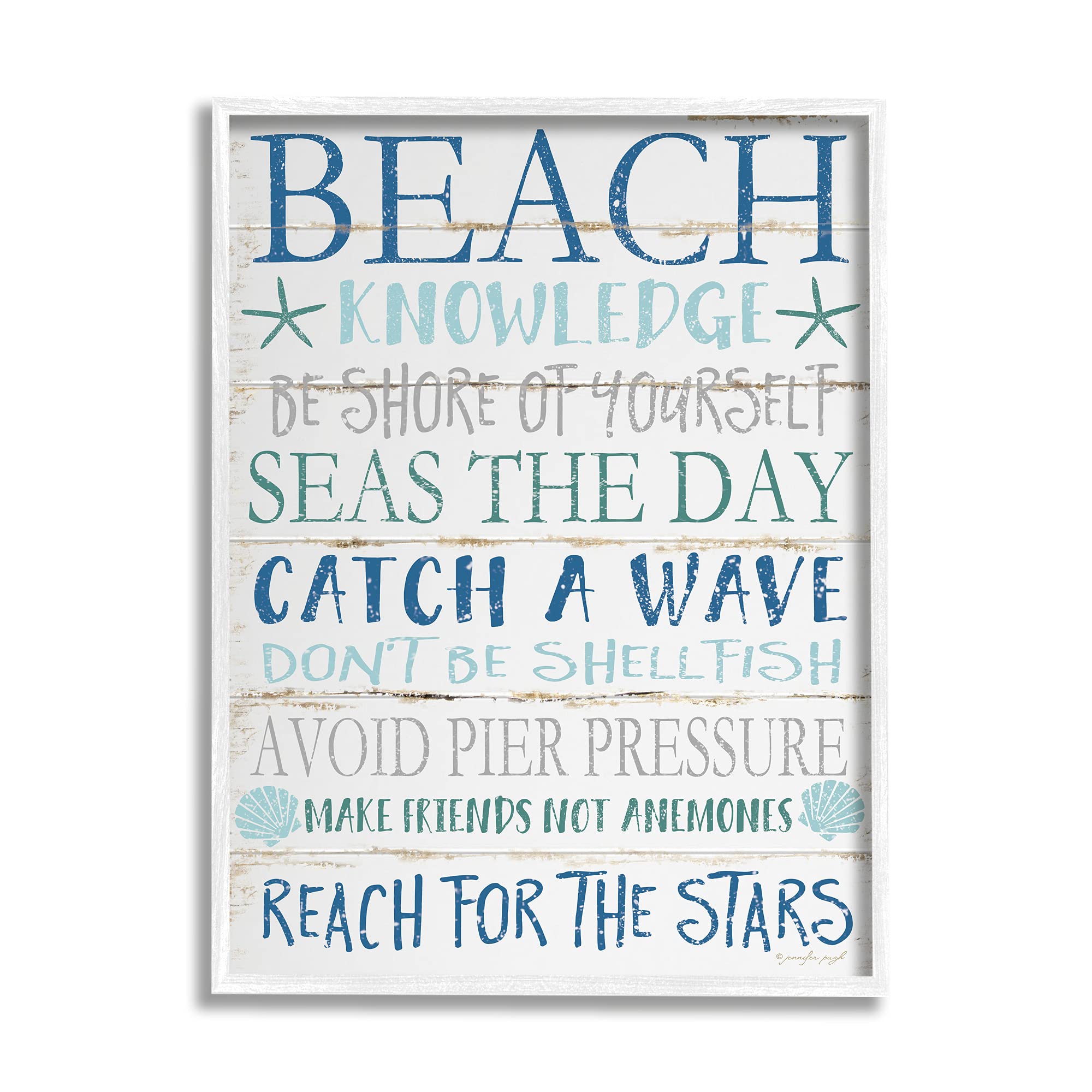 Stupell Industries cwp-367 Beach Knowledge Blue Aqua Planked Look Sign Wall Art, 16 x 20, White Framed
