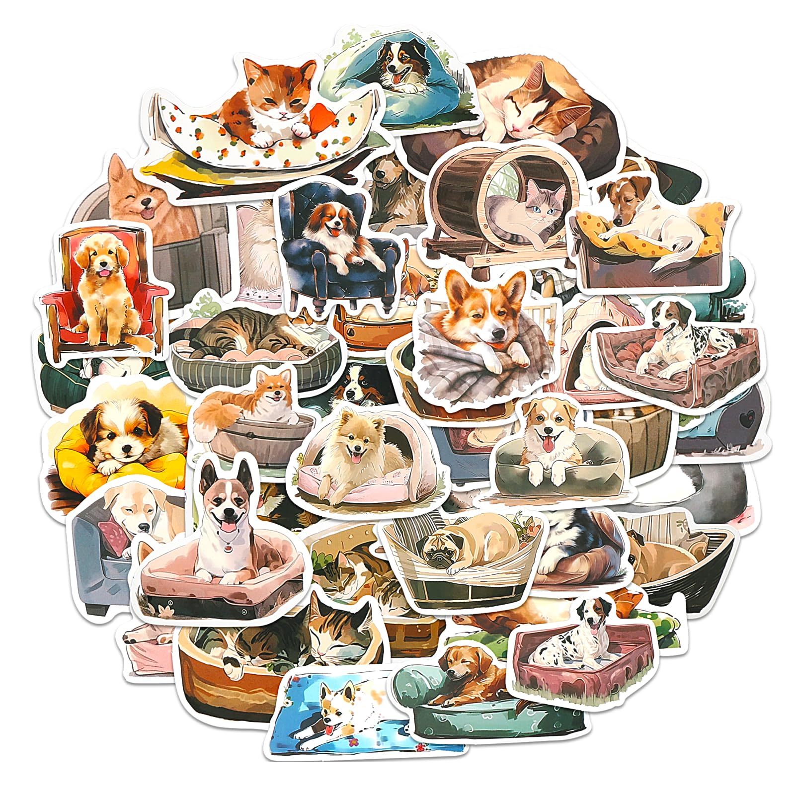Amabro 50 calcomanías divertidas de perro y gato, divertidas calcomanías de vinilo impermeables para animales, calcomanías para cachorros y gatitos a granel para botellas de agua, laptop, álbumes de
