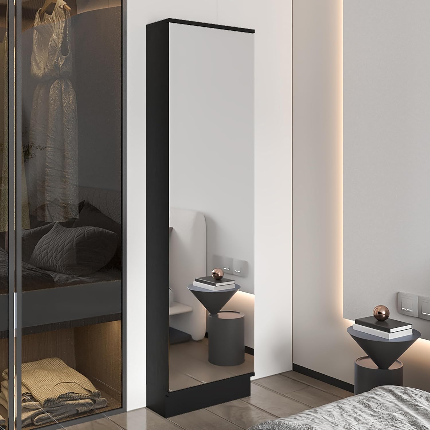 XL Shoe Rack, Mirror, Five Interior Shelves, Single Door Cabinet