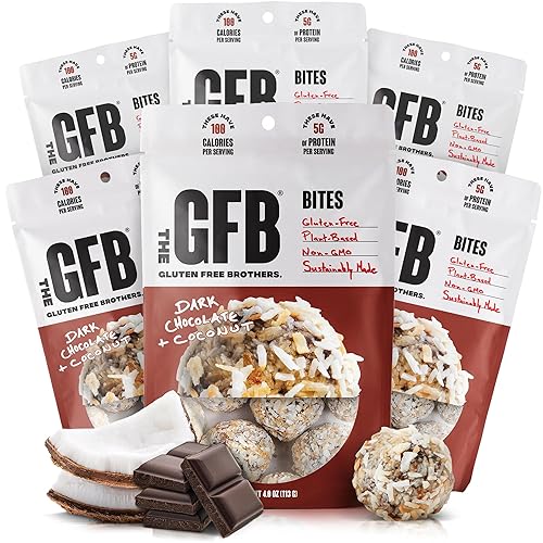 The GFB Dark Chocolate Coconut Protein Bites - Gluten Free, Plant Based, Non GMO, Sustainably Made – Ridiculously Tasty, Healthy, Vegan, Protein Energy Balls, 4 oz (6 Count) - Dark Chocolate + Coconut - 4 Ounce (Pack of 6)
