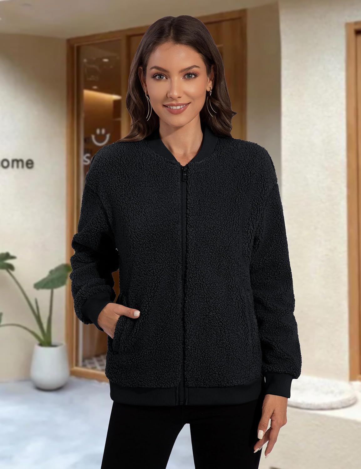 YUCOLEN Womens Sherpa Jacket Fleece Bomber Jacket Zip Up Teddy Coat Long Sleeve Winter Coat Cropped Outwear with Pockets - Image 9