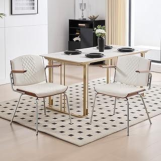 Dining Chairs Set of 2, Mid-Century Modern PU Leather Upholstered Chairs with Walnut Bentwood Backrest and Silver Metal Legs for Kitchen Dining Room Home Office,