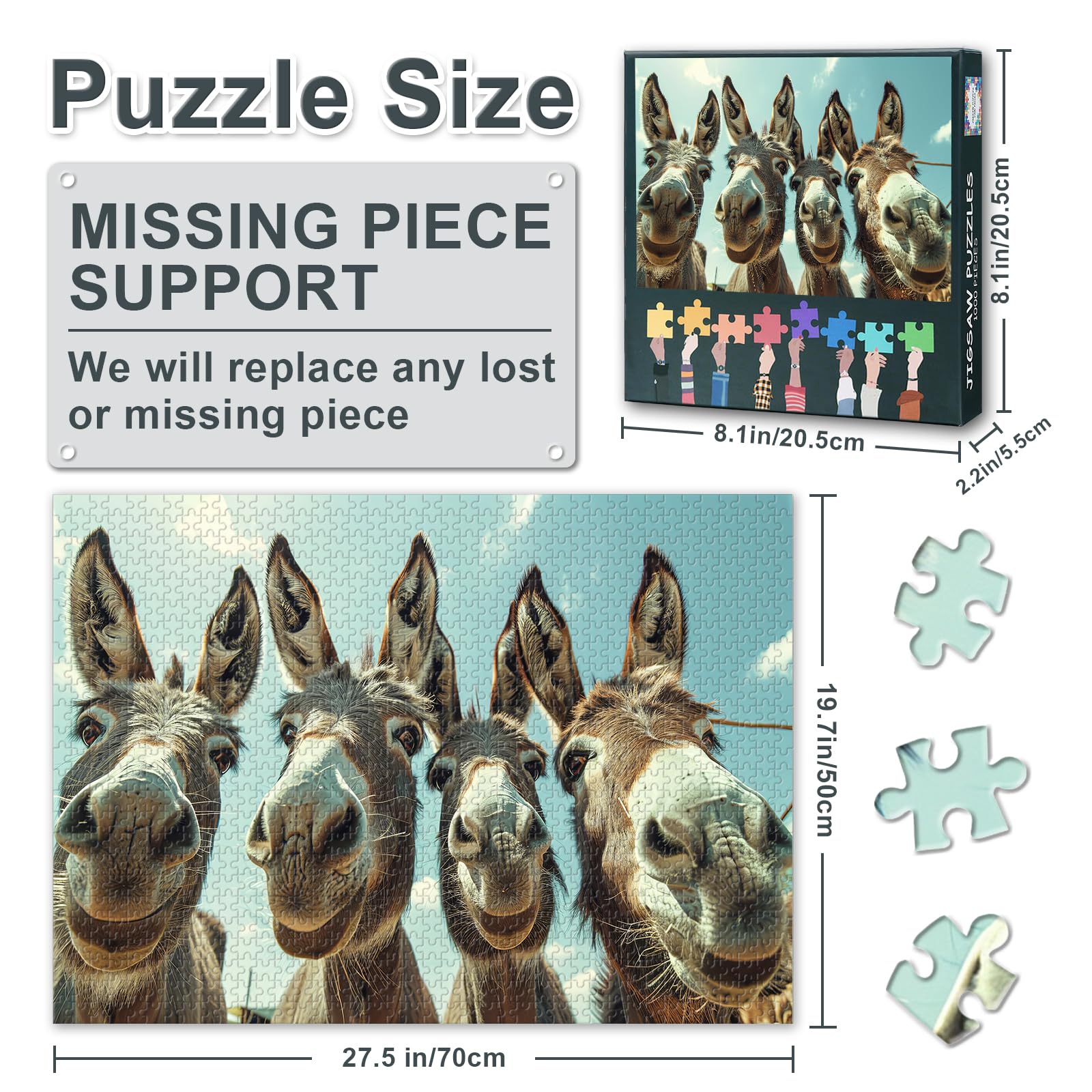 1000 Piece Jigsaw Puzzle for Adults Funny Donkeys Animal Lovers Puzzle Cute Donkey Group Farm Animals Photography Wildlife Challenge 27.5x19.7 Inches - Image 3