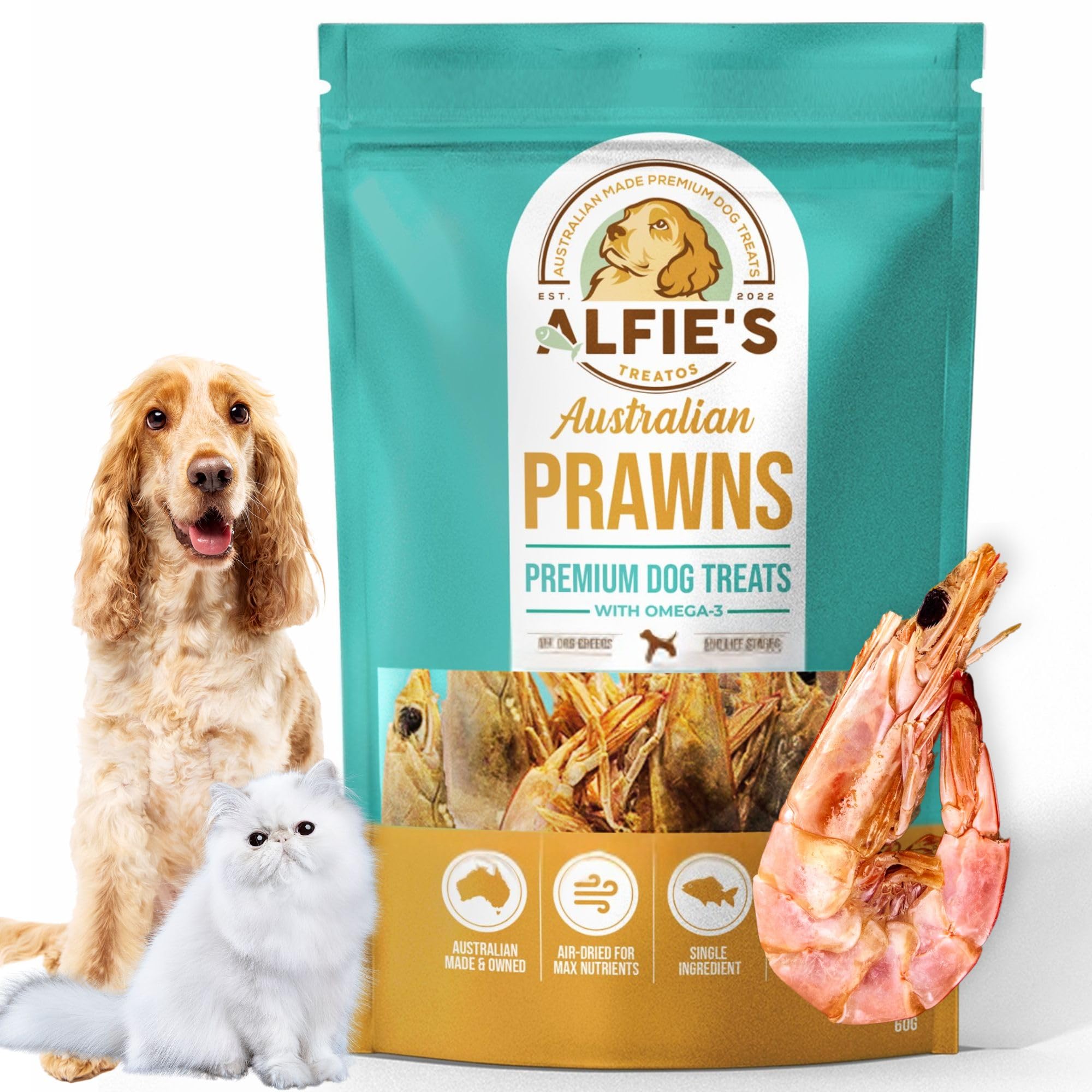 ALFIE'S TREATOS Shrimp Treats for Dogs & Cats (60g), Large Natural Air Dried Australian Wild-Caught Prawn Dog Treat, Crunchy & Low Fat, Freeze Dried Alternative - 60 g (Pack of 1)