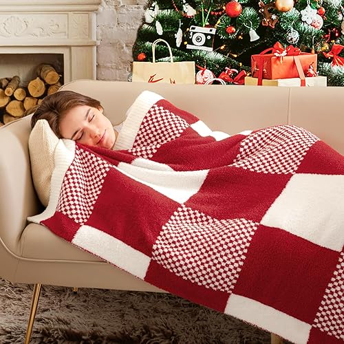 Miniatura 7 de Snuggle Sac Manta a cuadros rojos, manta de lana cuadriculada ultra suave y cálida de hilo de microfibra Lux para sofá, manta de punto reversible y