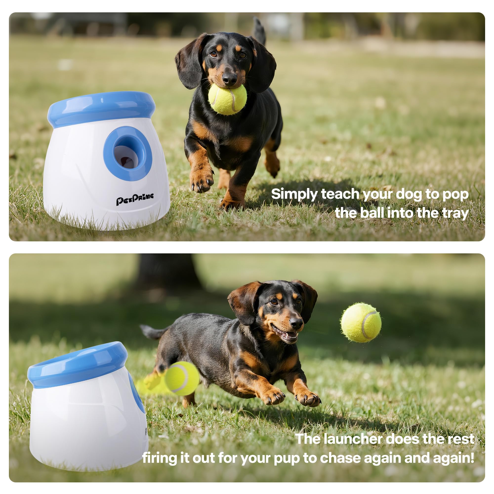 Pet Prime Lanzador automático de pelotas para perros, máquina interactiva de búsqueda de perros, juguete para mascotas, 3 pelotas de tenis para perros, juego de lanzamiento incluido para interiores y
