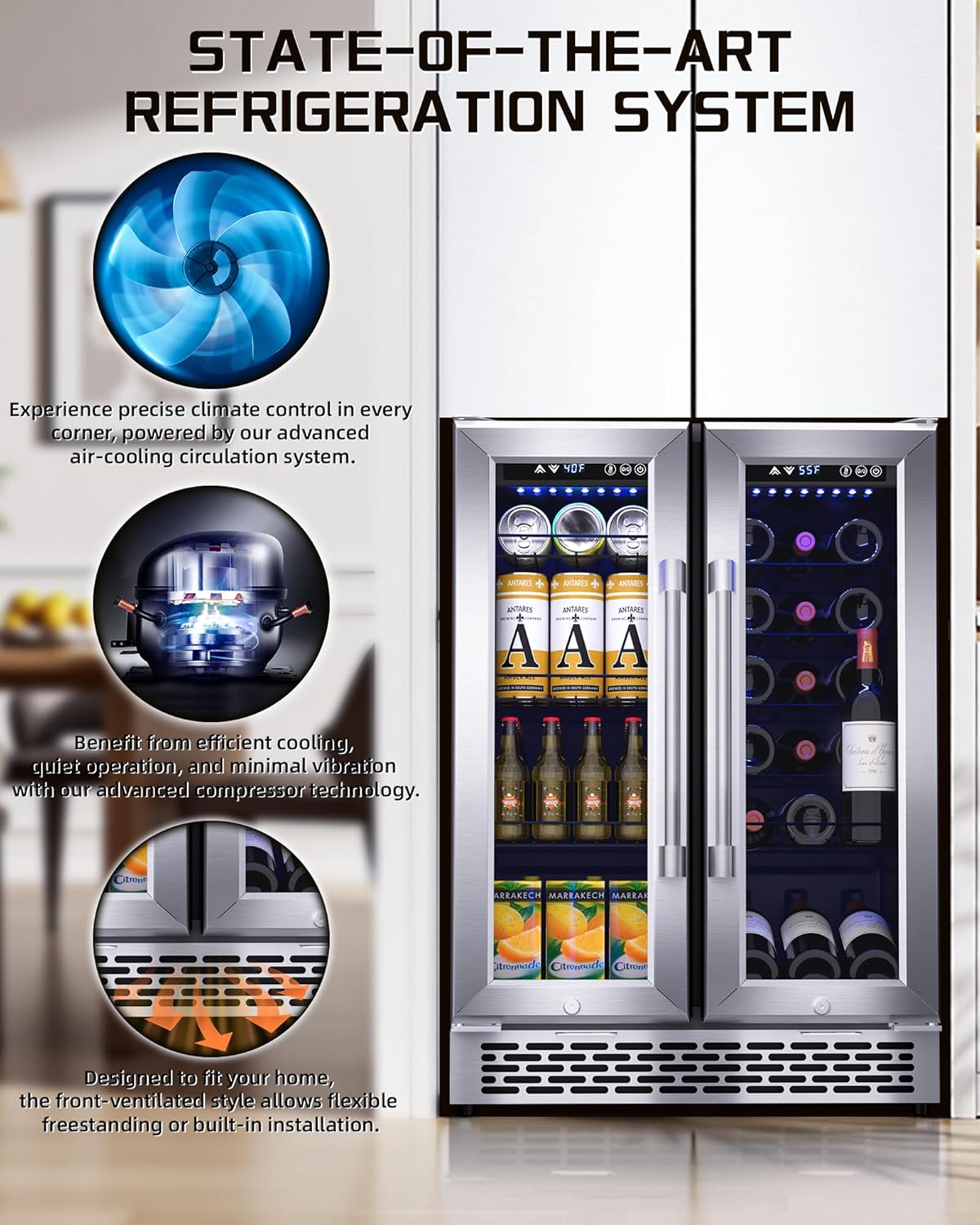 French Door Beverage Refrigerator, 24 Inch Dual Zone Built-in Fridge with Glass Door – Holds 120 Cans and 20 Wine Bottles, Beverage Cooler – Ideal for Kitchen, Bar, or Living Room