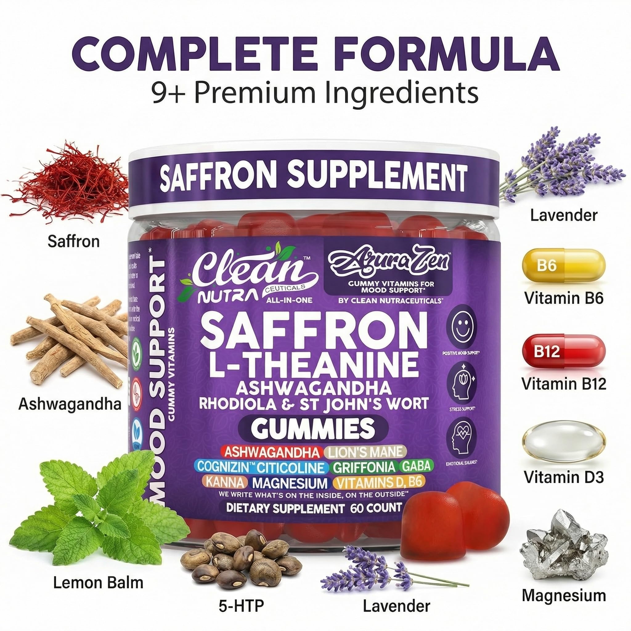 AuraZen Mood Support Saffron Gummies L-Theanine Ashwagandha Rhodiola St John's Wort Lions Mane GABA Vitamin D Magnesium Supplement | Calm Vegan Plant-Based Herbal Gummy By Clean Nutra — Amazon image 4