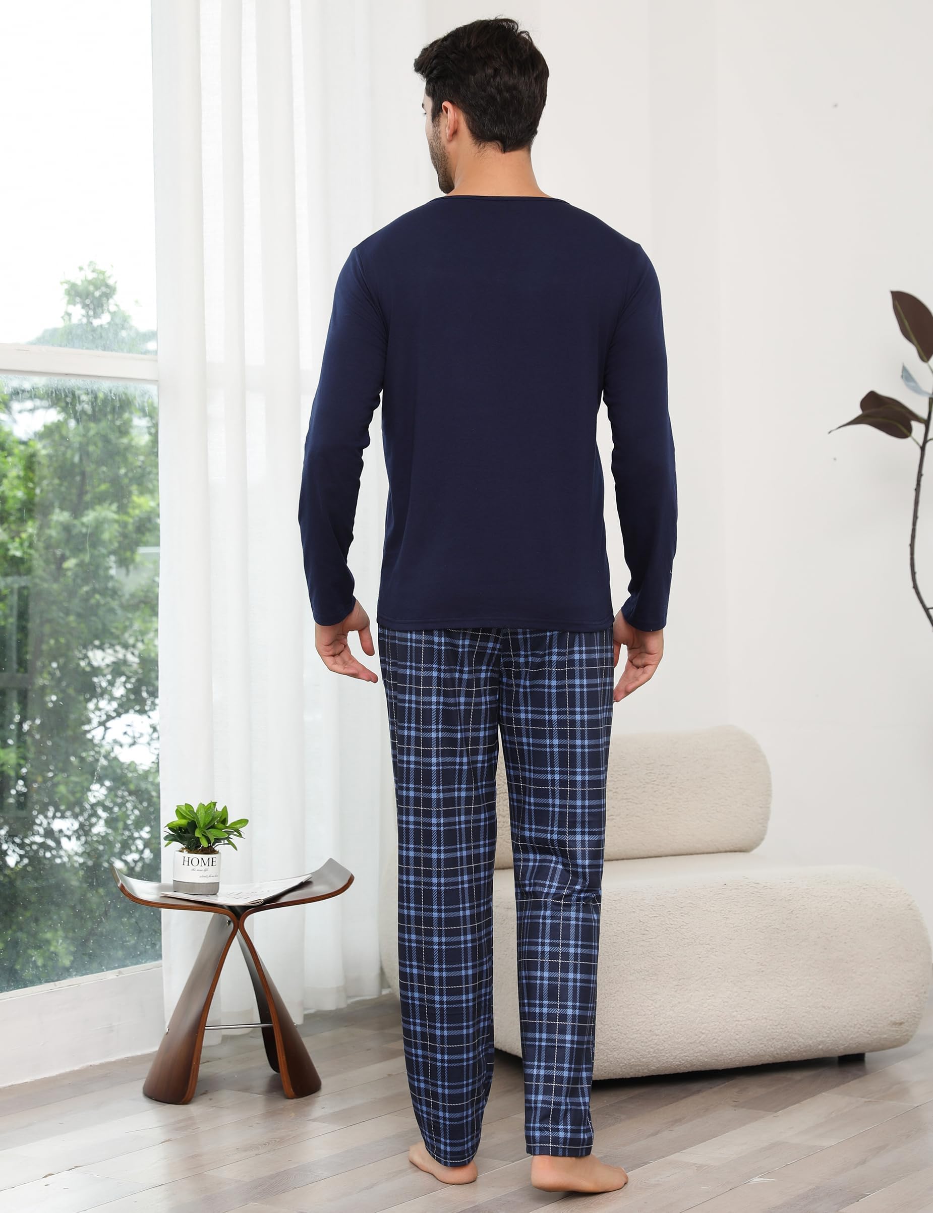 Bresdk Schlafanzug Herren Pyjama Set Lang Baumwolle mit 2 Knöpfen Zweiteilige Nachtwäsche