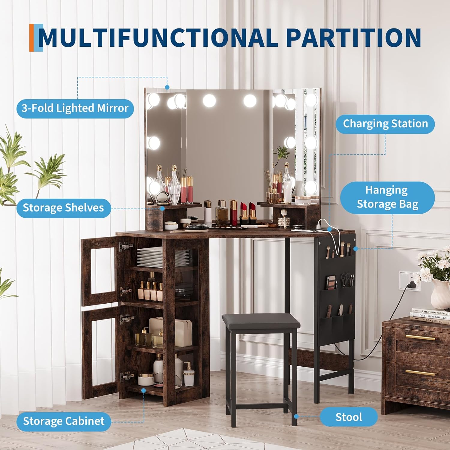Garvee Corner Vanity Desk and Stool, Corner Makeup Vanity with Light Bulbs Mirror Charging Station and Cabinet for Bedroom, Brown