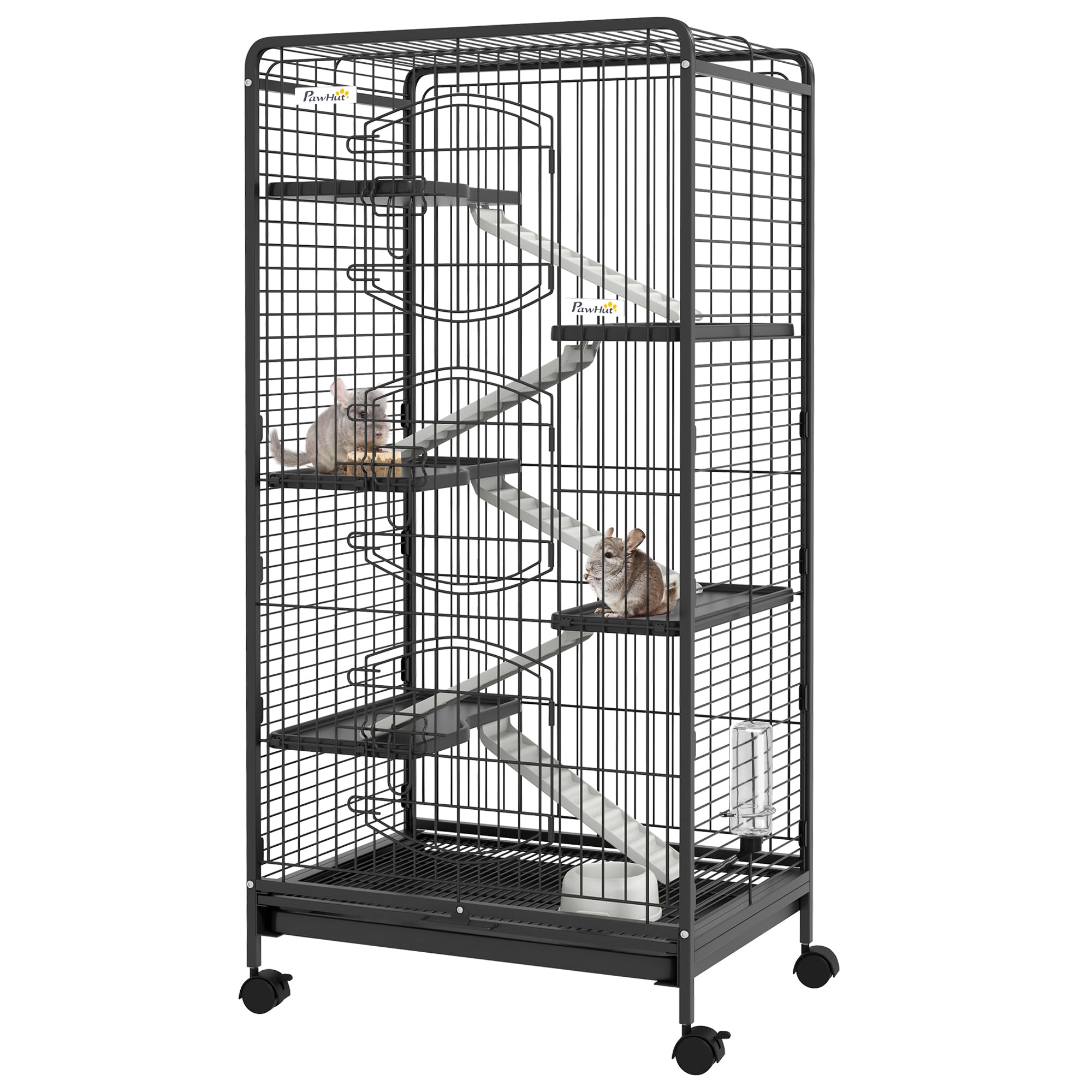 PawHut 6 Level Small Animal Cage for Dwarf Rabbits, Pet Minks, and Chinchillas w/Removable Tray, Ramp, Water Bottle, Food Dish, Small Pet Cage for Indoor Use, Black