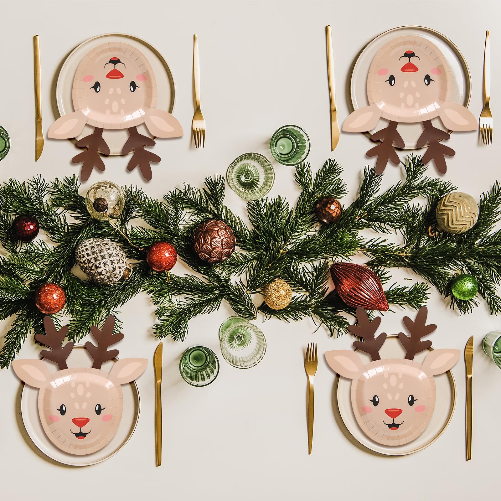 JarThenaAMCS 48 platos de papel de alce de Navidad, divertidos platos desechables de renos de dibujos animados para cumpleaños, invierno, vacaciones, fiestas, suministros de decoración de mesa