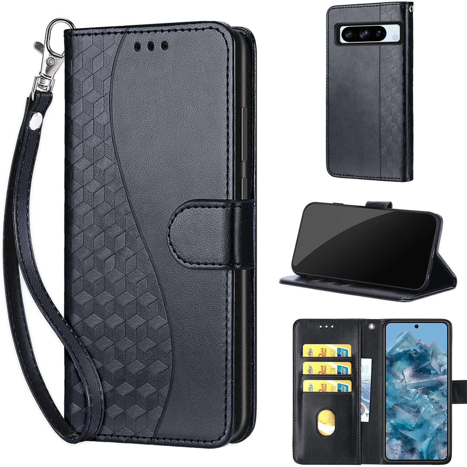Étui portefeuille Google Pixel 8 Pro chic en cuir noir - 8