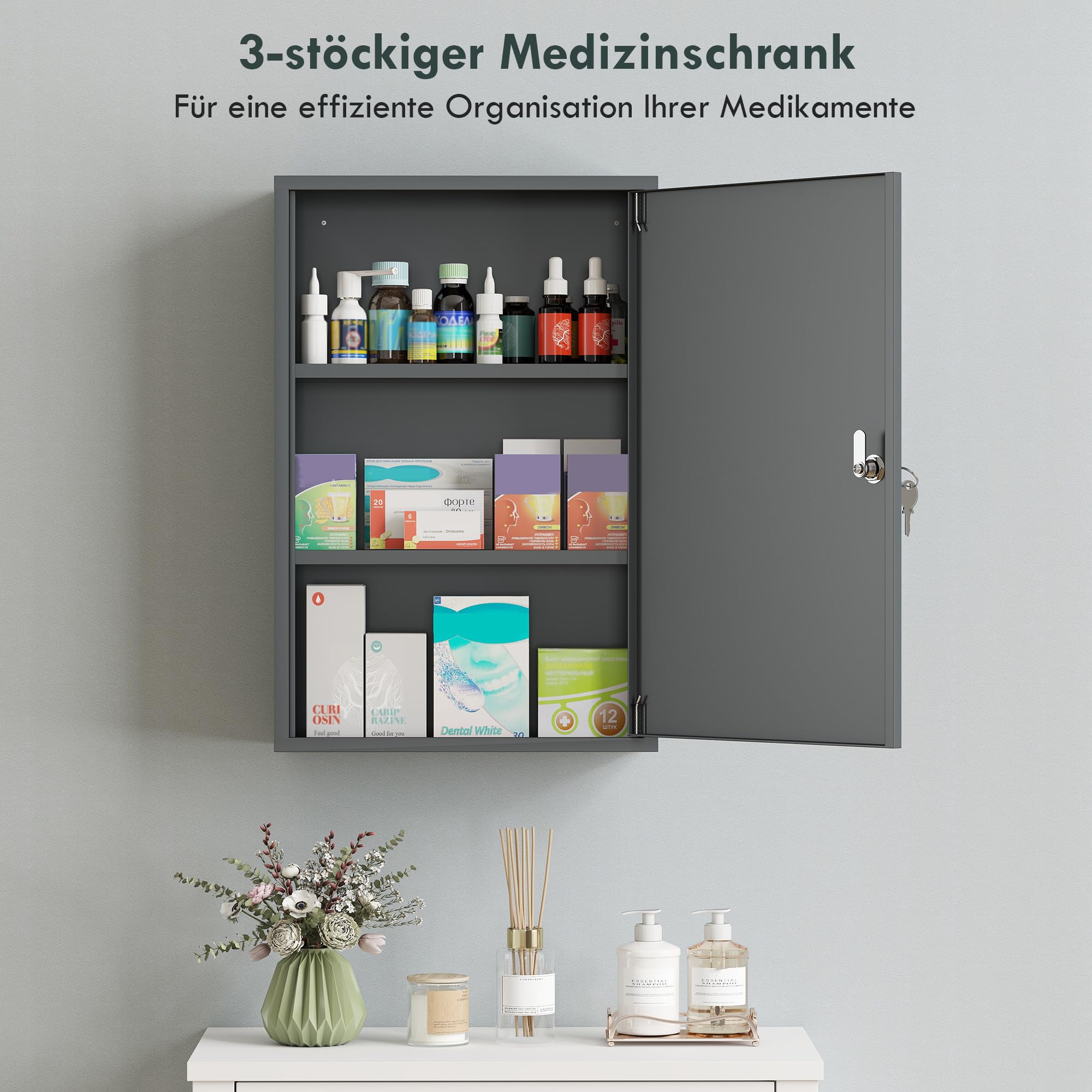Kleankin Szafka na leki zamykana metalowa z 3 półkami 40x18x60cm Szary